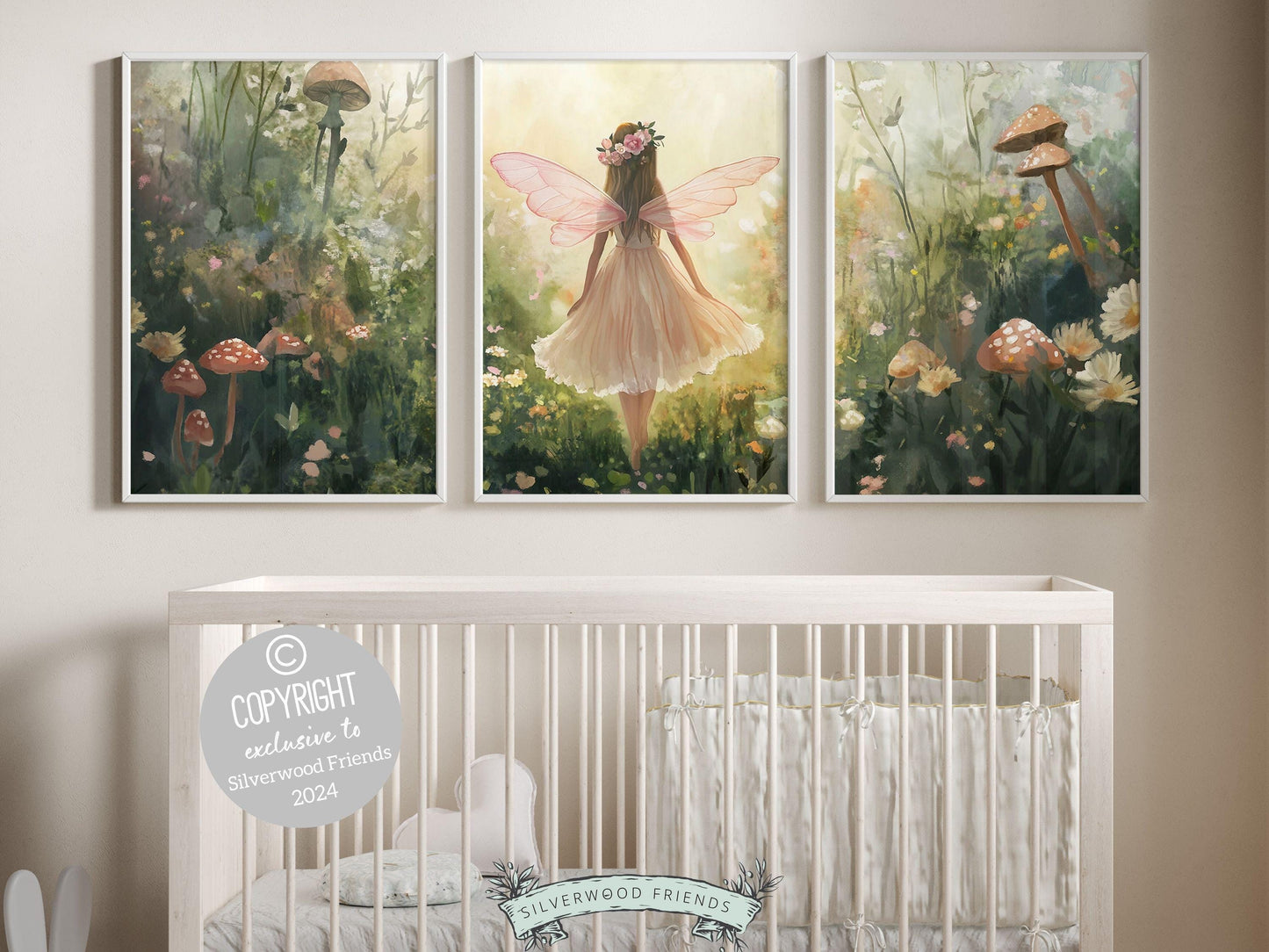 Our Fairy Nursery Prints Set of 3 features an adorable fairy strolling through a forest meadow filled with wildflowers and mushrooms, beautifully illustrated in a classic storybook style. Perfect for adding a whimsical touch to your nursery.