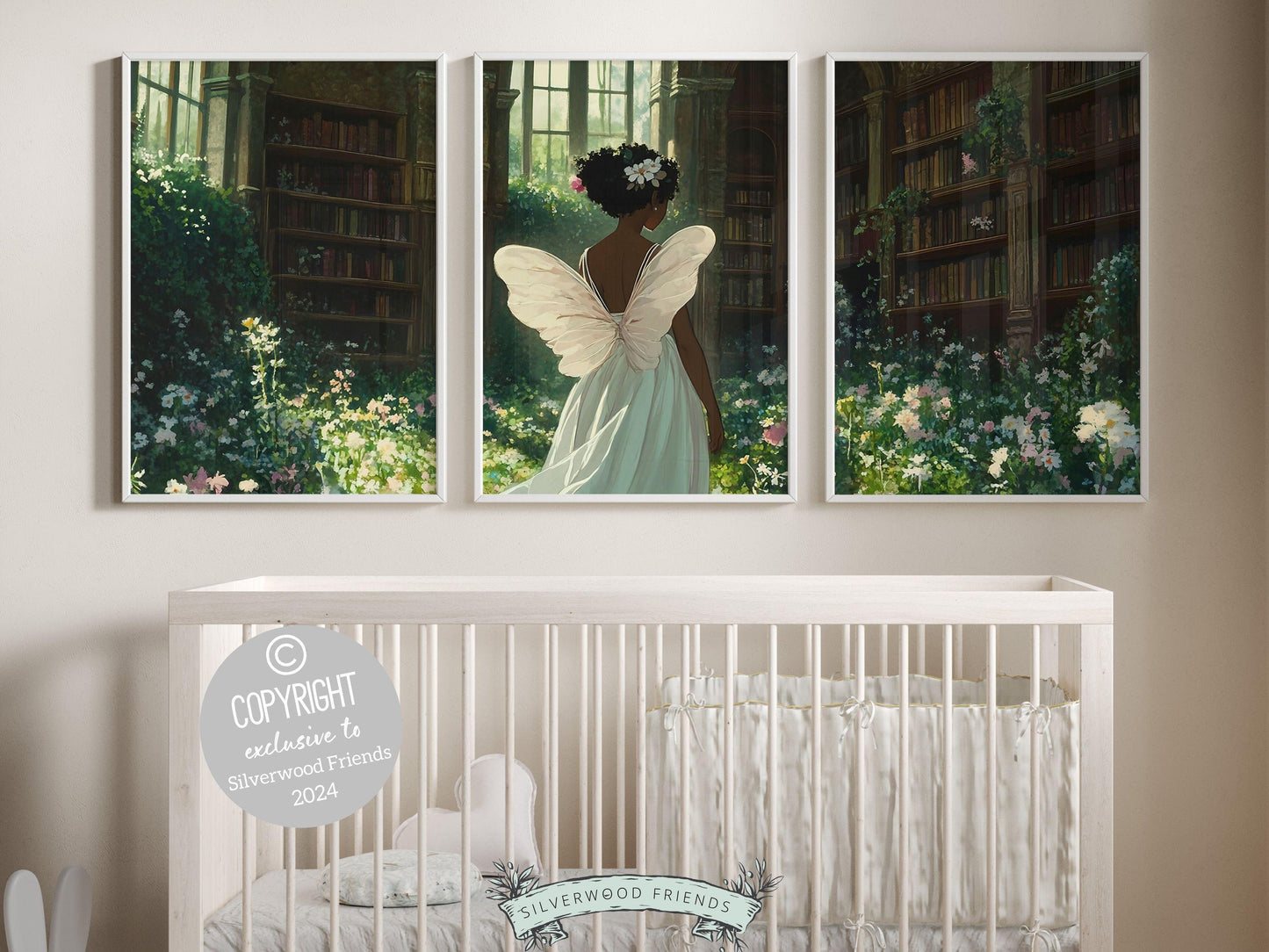 My Fairy Nursery Prints Set of 3 features an African American fairy strolling through a forest meadow surrounded by books and wildflowers, beautifully illustrated in a classic storybook style.