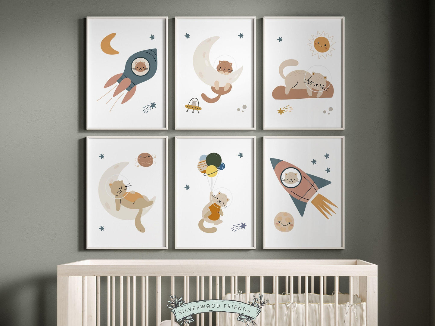 Space Nursery Prints, Space Themed Nursery Decor, Space Nursery Wall Art, Baby Girl Space Cat Nursery Print, Astronaut Animals Digital Print