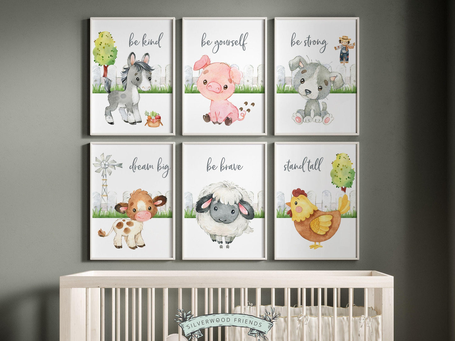 Our Baby Farm Nursery Prints featuring adorable watercolor baby farm animals and inspirational quotes, is set on a white background and is perfect for your farm nursery decor or as a unique farm baby shower gift.