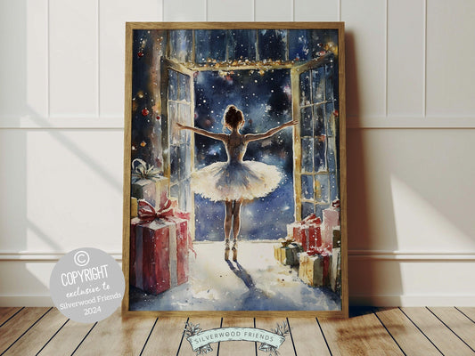 Our charming ballerina Christmas print showcases a sweet ballerina standing under twinkling lights with Christmas gifts and gazing out at the night time falling snow. The perfect gift for a ballet lover or a babys first Christmas.