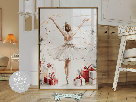 Our trendy ballerina Christmas print showcases a sweet ballerina standing under twinkling lights with Christmas gifts celebrating the joy of the festive season. The perfect gift for a ballet lover, this print adds whimsical, festive charm to any room