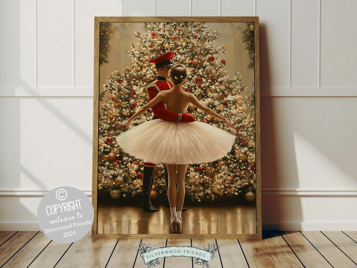 Christmas ballet print captures a magical moment as a graceful ballerina dances with a Nutcracker soldier in front of a beautiful Christmas tree. The perfect gift for ballet lovers this print brings festive charm to any space