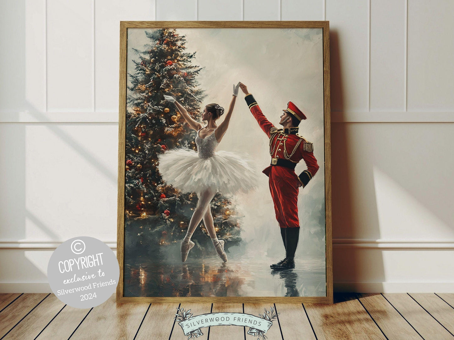 Capture the magic of the season with this enchanting Christmas ballet print, featuring a graceful ballerina twirling with a Nutcracker soldier in front of a Christmas tree.