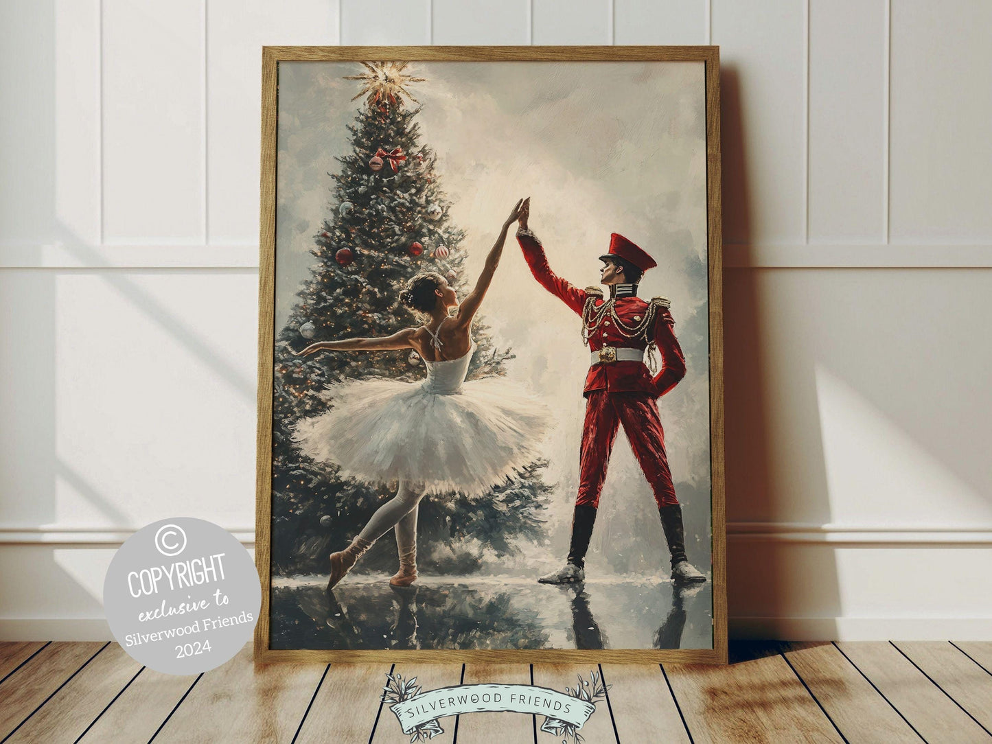 Capture the magic of the season with this enchanting Christmas ballet print, featuring a graceful ballerina twirling with a Nutcracker soldier in front of a Christmas tree.