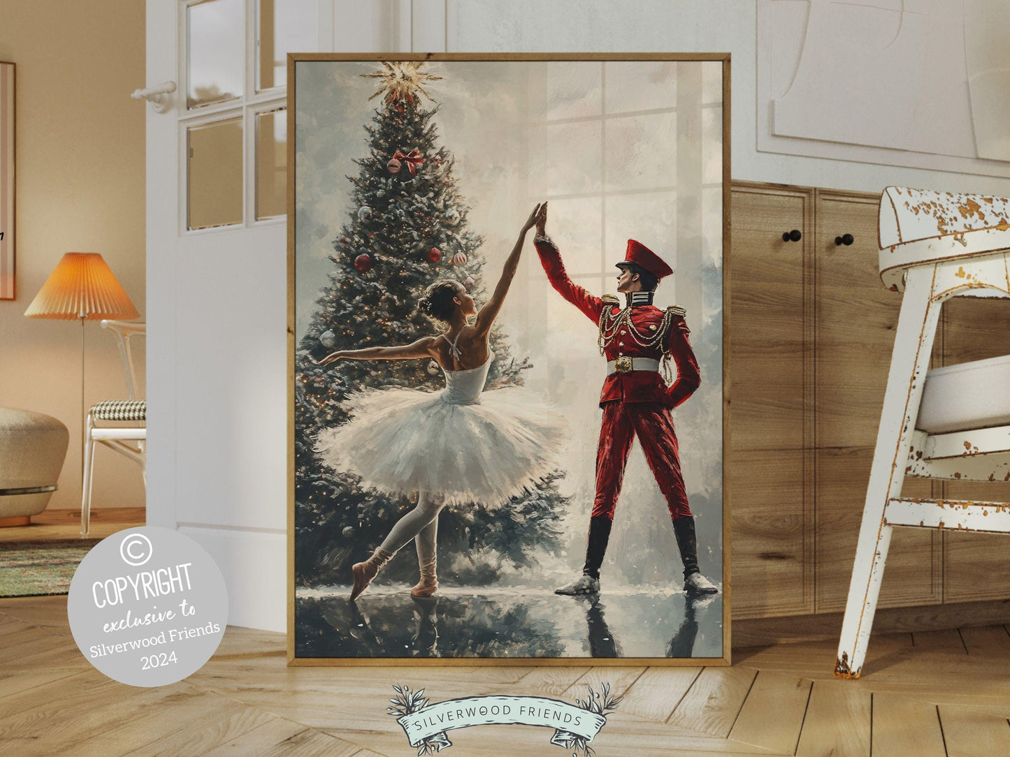 Vintage Christmas Wall Art Print, Ballerina Christmas Tree Print, Festive Christmas Holiday Decor, Nutcracker Ballet Christmas Digital Print