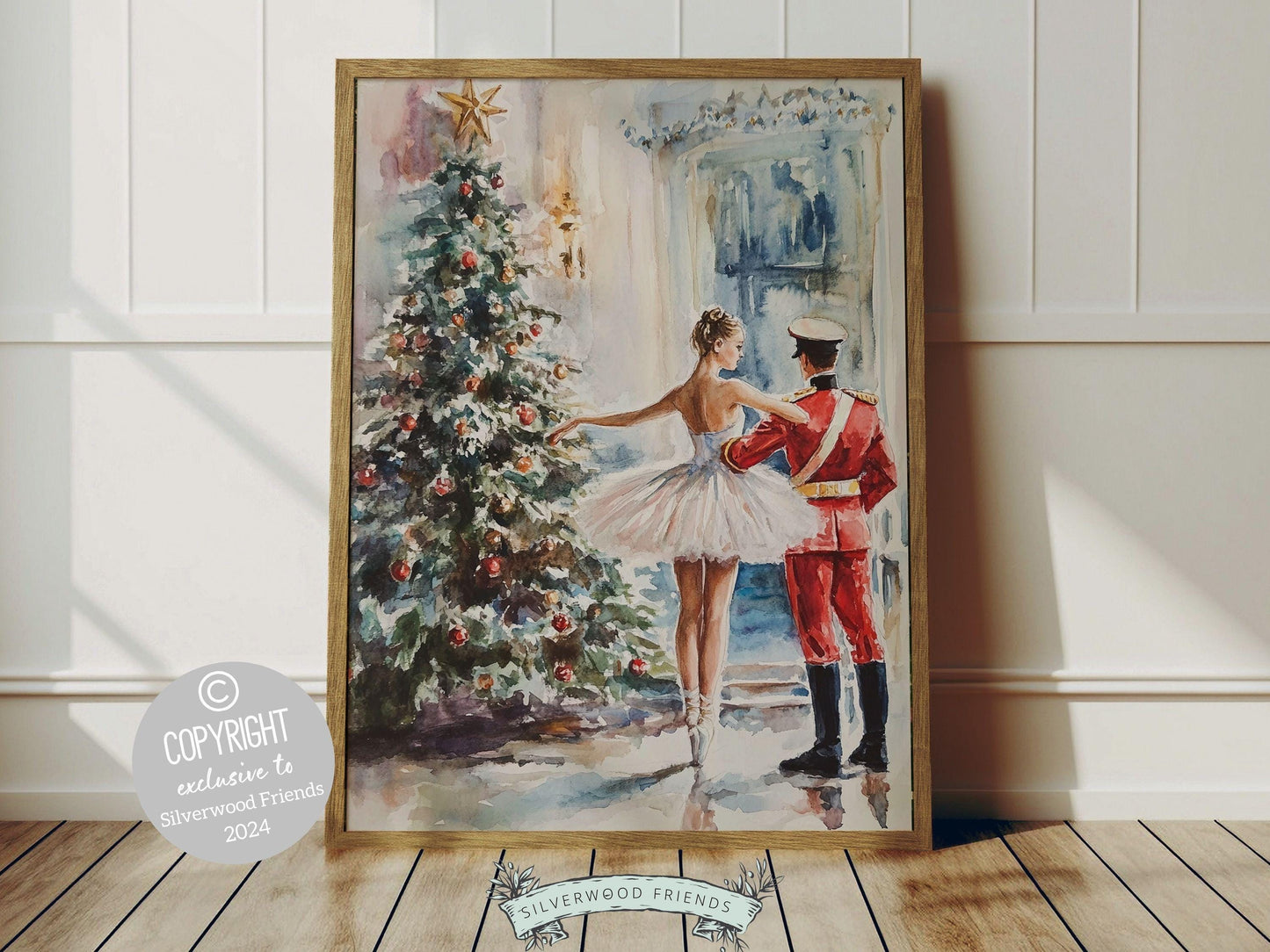 This enchanting Christmas ballet print captures a magical moment between a graceful ballerina and a Nutcracker soldier in front of a beautiful Christmas tree.