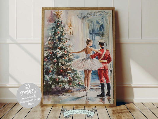 This enchanting Christmas ballet print captures a magical moment between a graceful ballerina and a Nutcracker soldier in front of a beautiful Christmas tree.