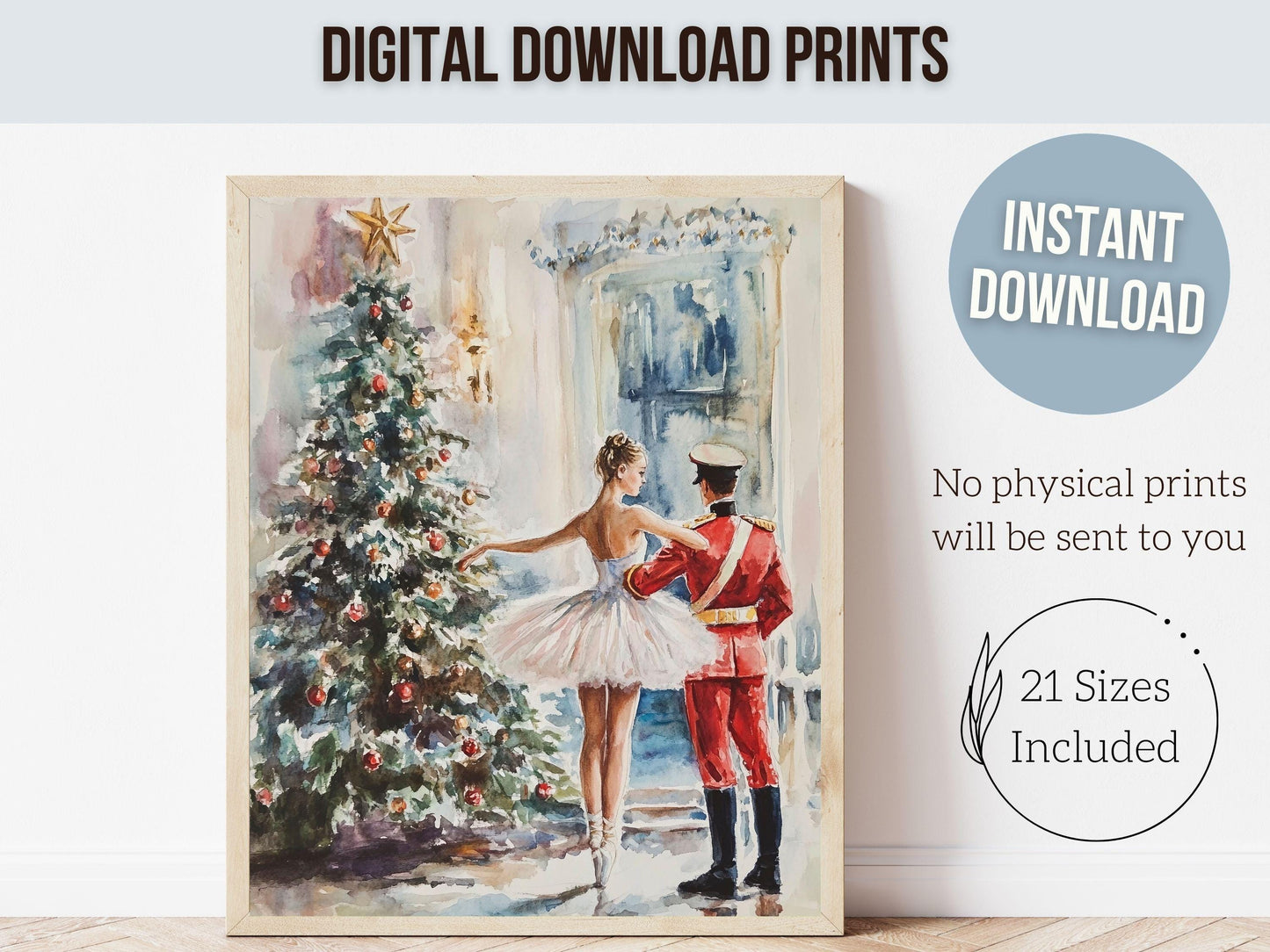 Nutcracker Ballet Christmas Print, Ballerina Christmas Printable Wall Art, Festive Christmas Holiday Hosting Decor, Xmas Tree Digital Print