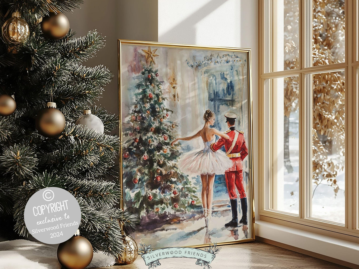 Nutcracker Ballet Christmas Print, Ballerina Christmas Printable Wall Art, Festive Christmas Holiday Hosting Decor, Xmas Tree Digital Print