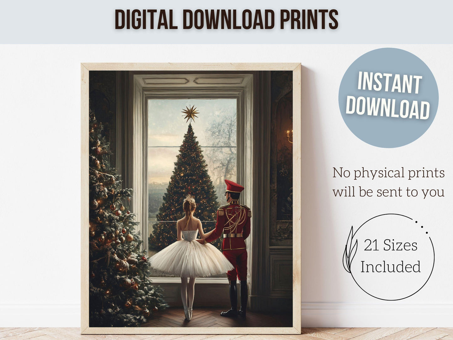 Nutcracker Ballet Christmas Print, Ballerina Christmas Printable Wall Art, Festive Christmas Holiday Hosting Decor, Xmas Tree Digital Print