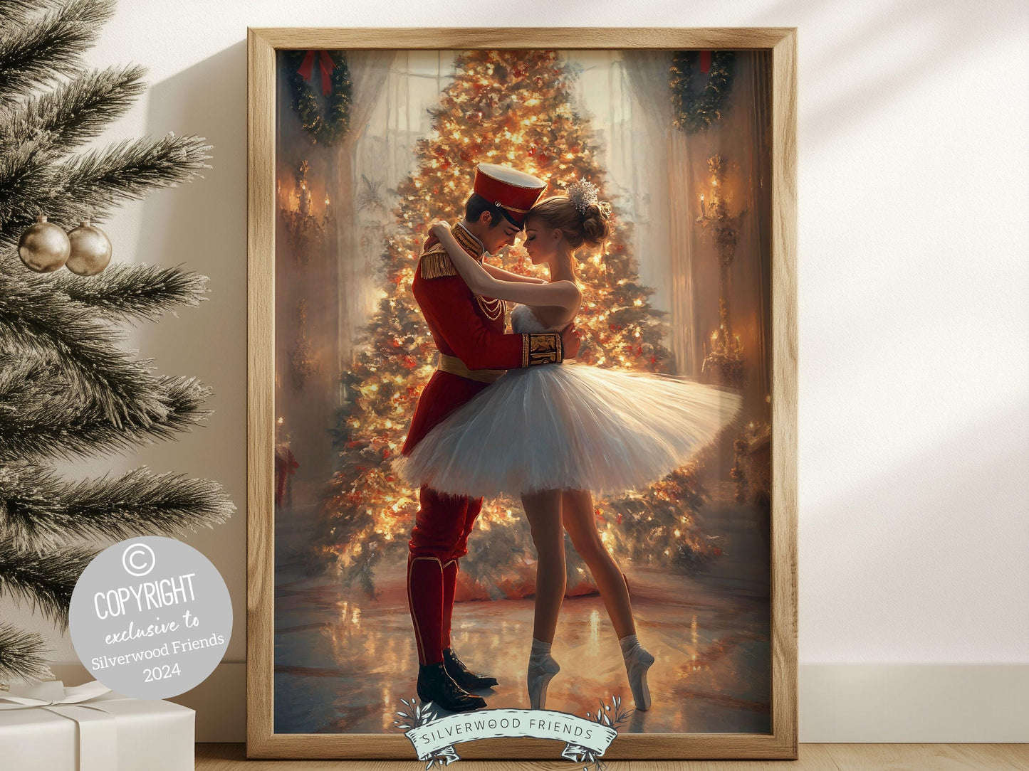 This enchanting Christmas ballet print captures a magical moment between a graceful ballerina and a Nutcracker soldier in front of a beautiful Christmas tree.