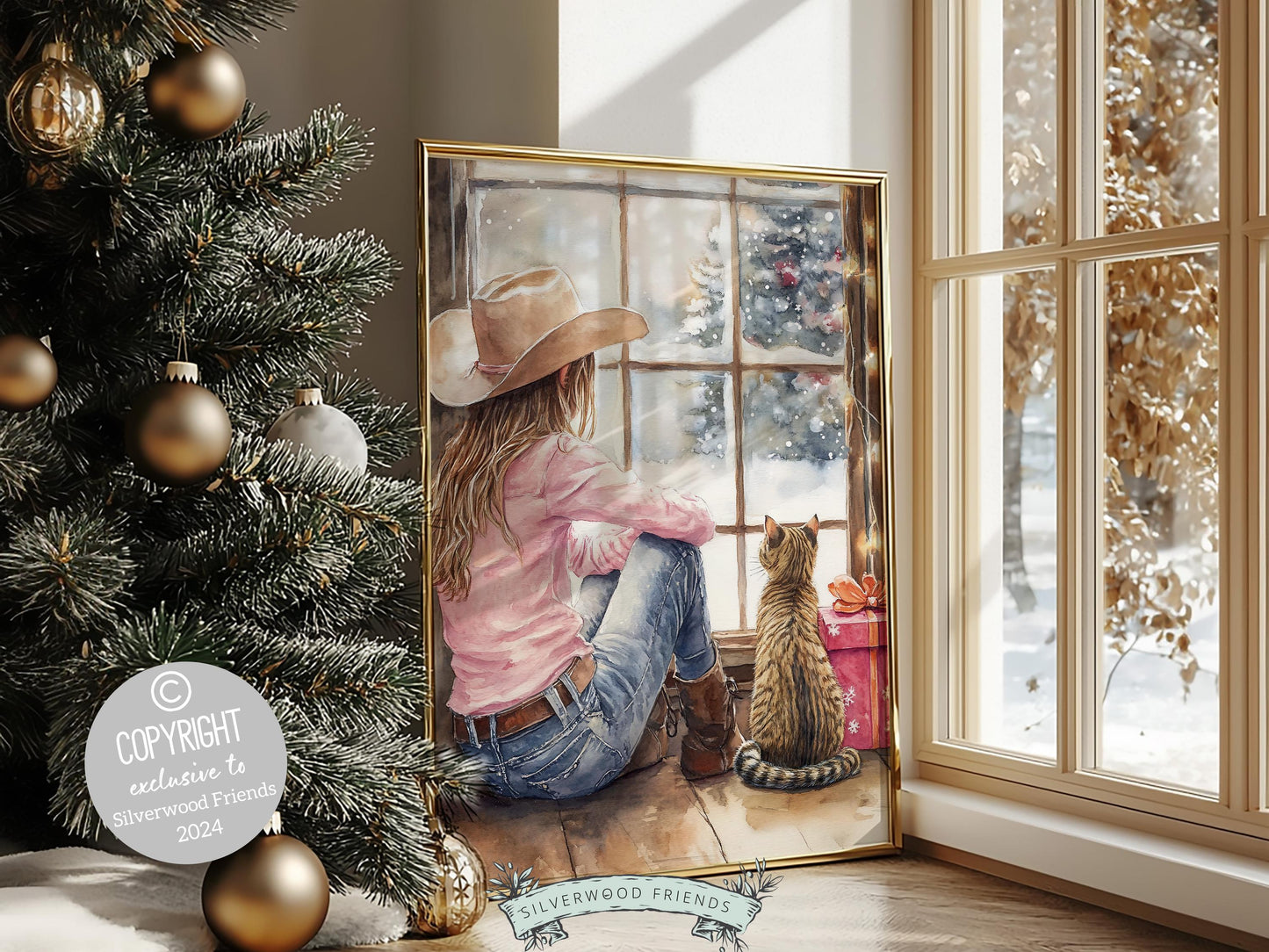 Cowgirl Country Christmas Cat Print, Cowgirl Cat Nursery Decor, Baby Girl Western Christmas Nursery Decor, Christmas Tree Cat Digital Print