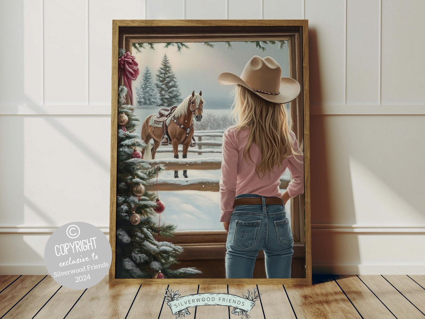 Bring the warmth of Western charm to your home with this heartfelt cowgirl Christmas print, featuring a festive cowgirl gazing out at her horse and the gentle fall of snow—a cozy addition to any room, all year round!