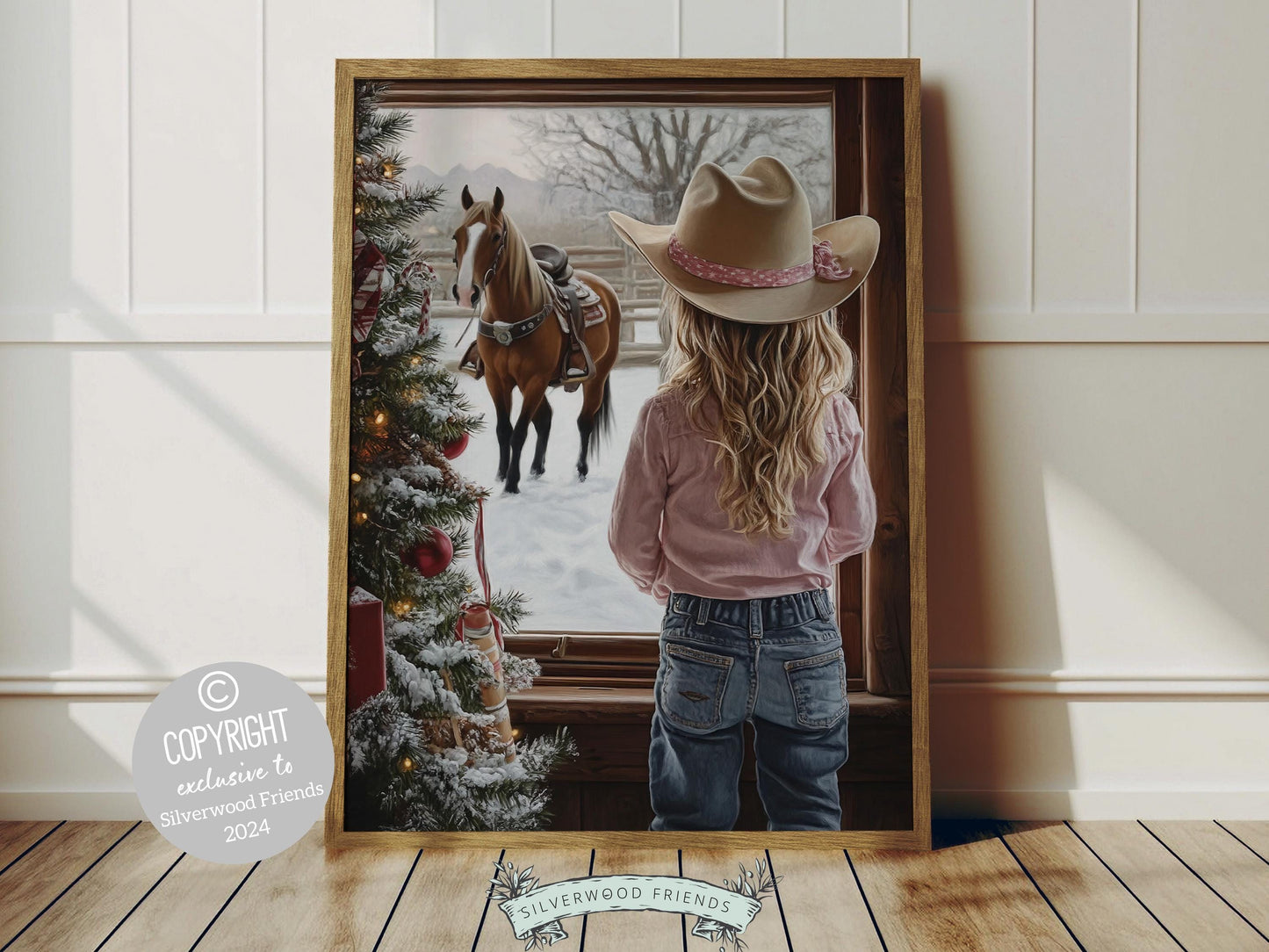 Bring the warmth of Western charm to your home with this heartfelt little cowgirl Christmas print, featuring a festive cowgirl gazing out at her horse and the gentle fall of snow—a cozy addition to any room, all year round!