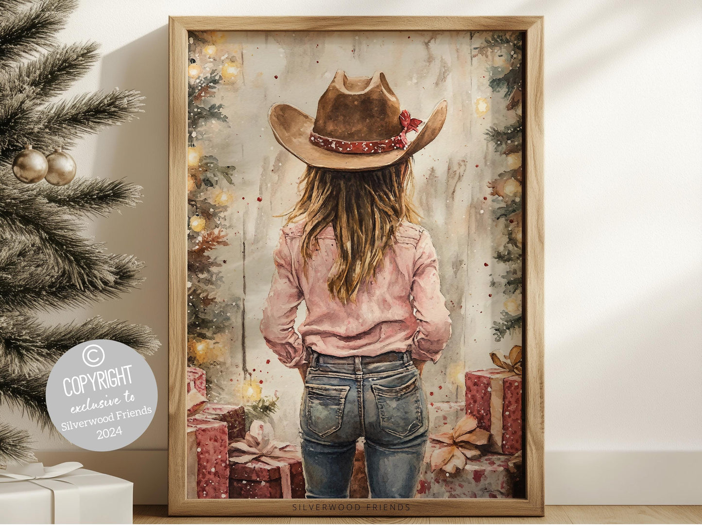 Bring timeless Western charm to your home with this cowgirl Christmas print, featuring a festive cowgirl, twinkling Christmas lights, and gifts —perfect decor for any room, all year round!
