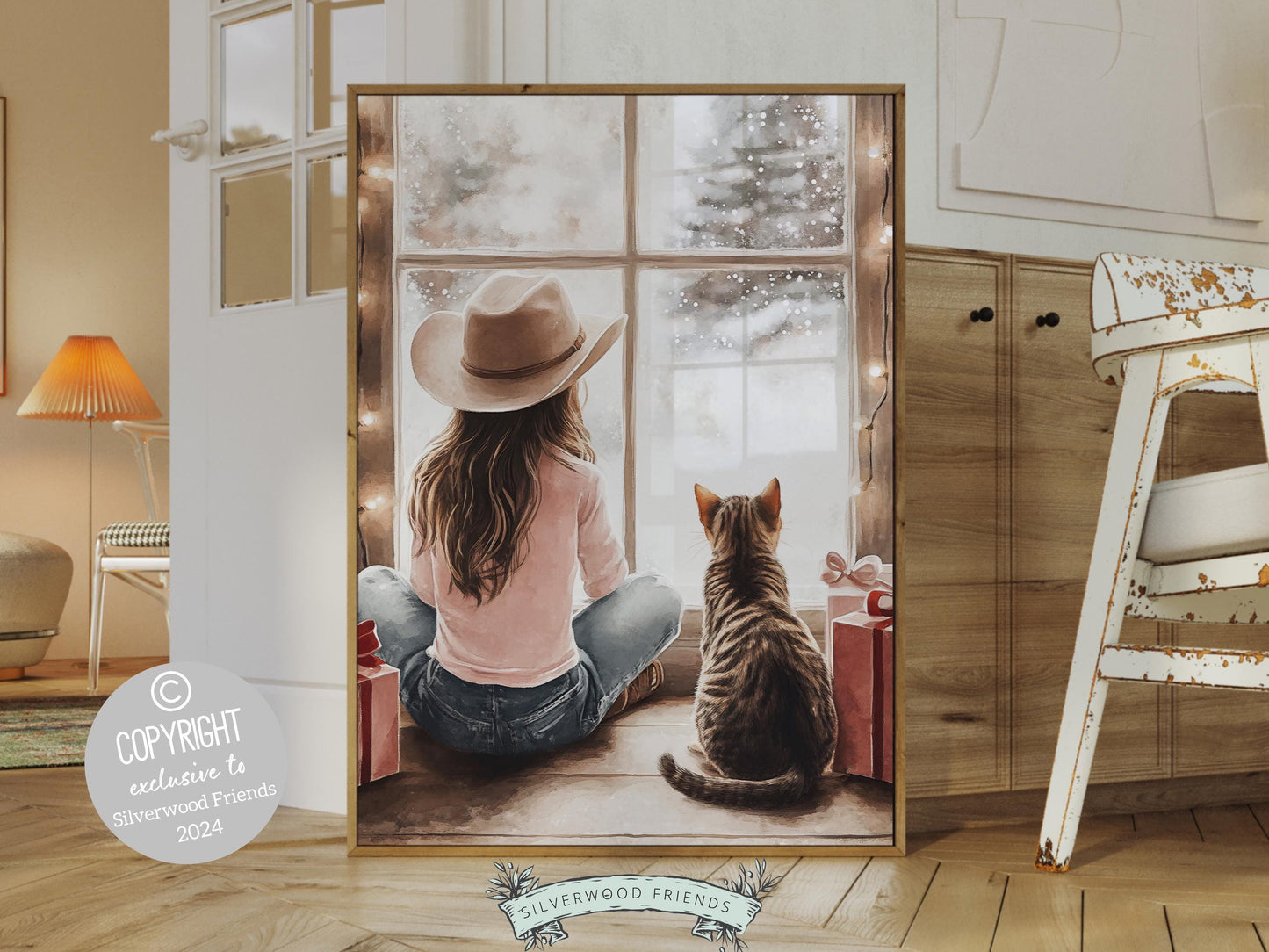 Cowgirl Country Christmas Cat Print, Cowgirl Nursery Decor, Baby Girl Western Christmas Nursery Decor,Christmas Cat Lover Gift Digital Print