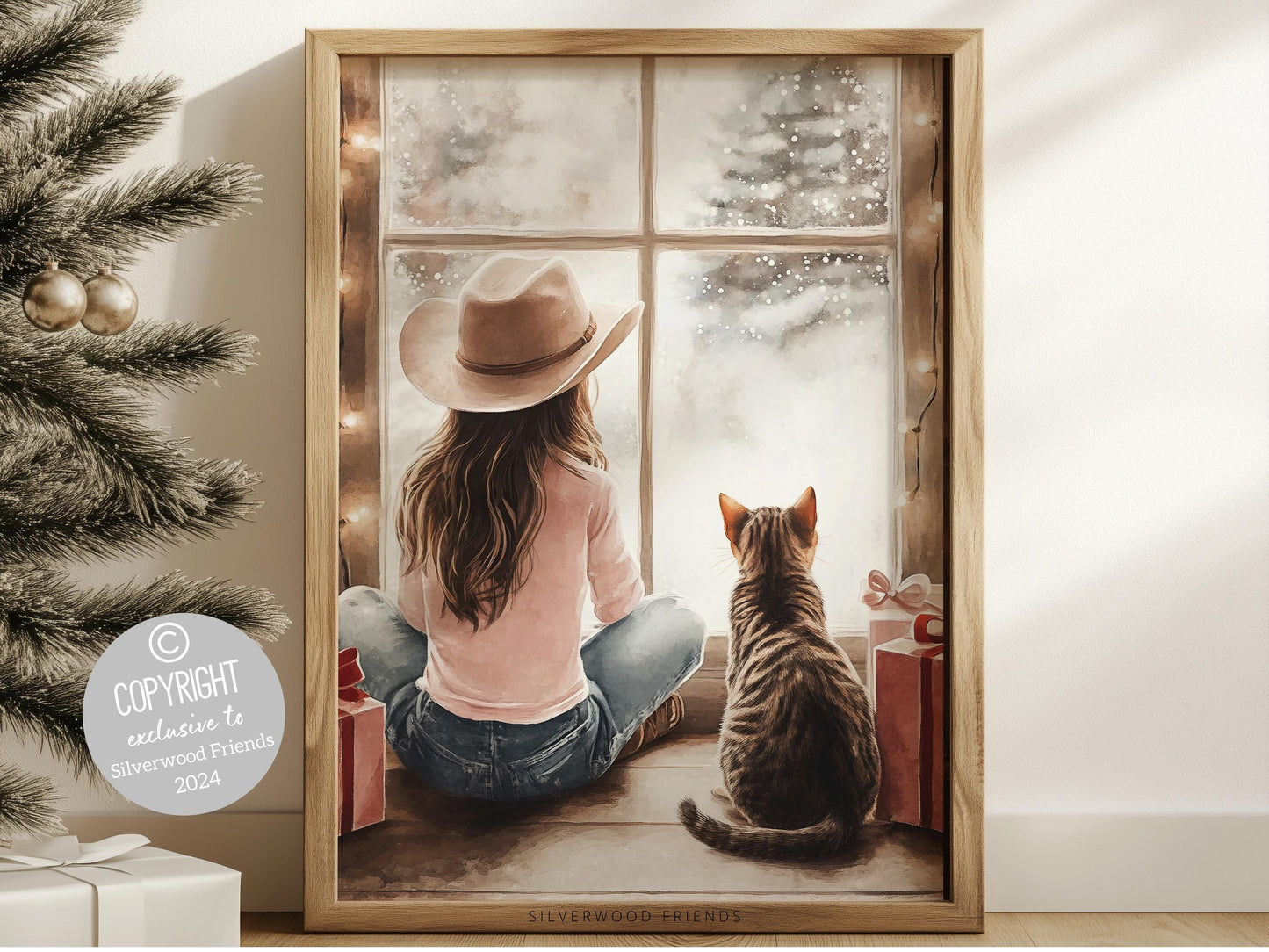 Add a touch of Western magic to your home with this whimsical cowgirl Christmas print, featuring a festive cowgirl and her curious cat by a stack of Christmas gifts, dreaming by the window as snowflakes dance outside