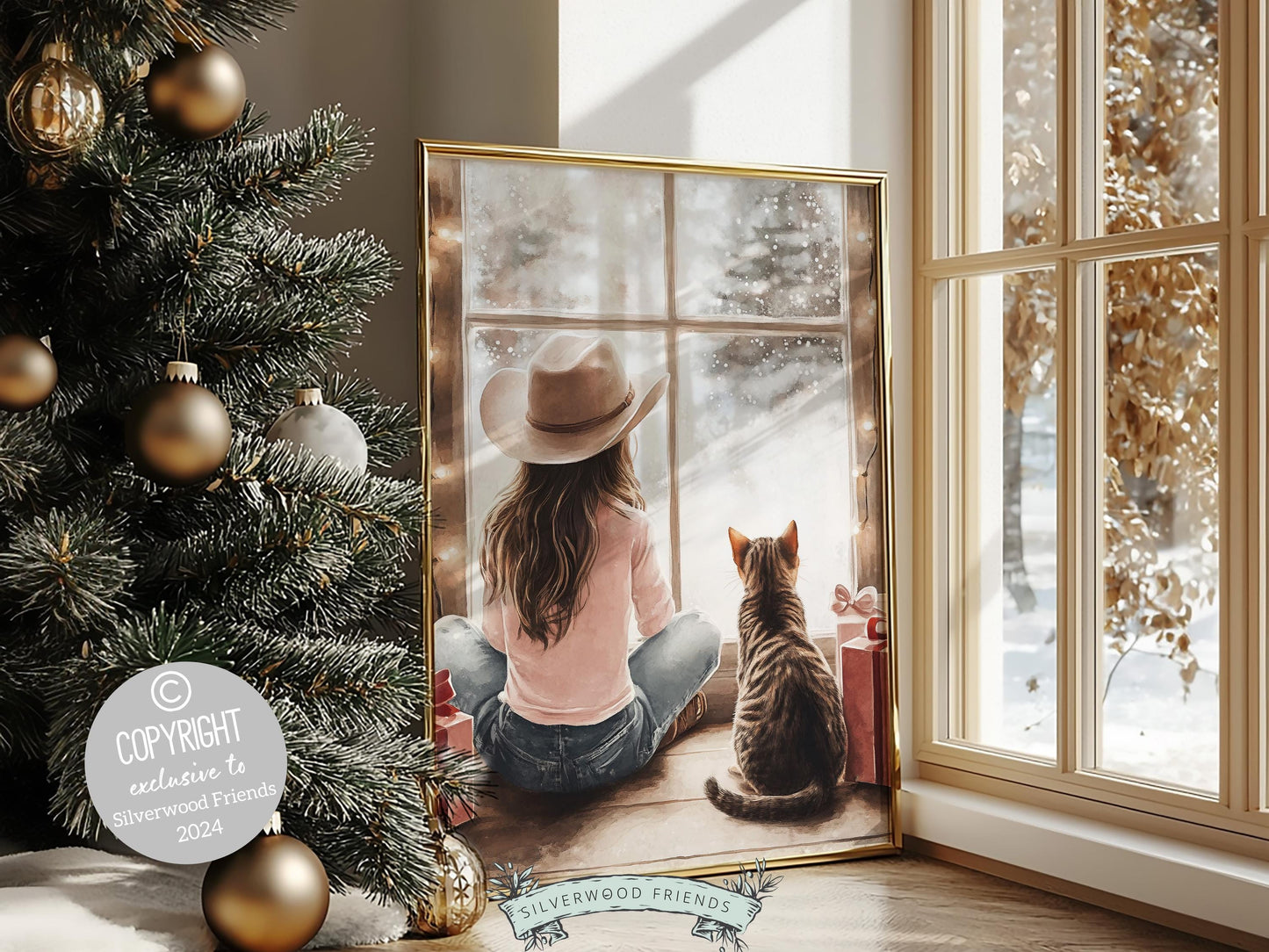 Cowgirl Country Christmas Cat Print, Cowgirl Nursery Decor, Baby Girl Western Christmas Nursery Decor,Christmas Cat Lover Gift Digital Print