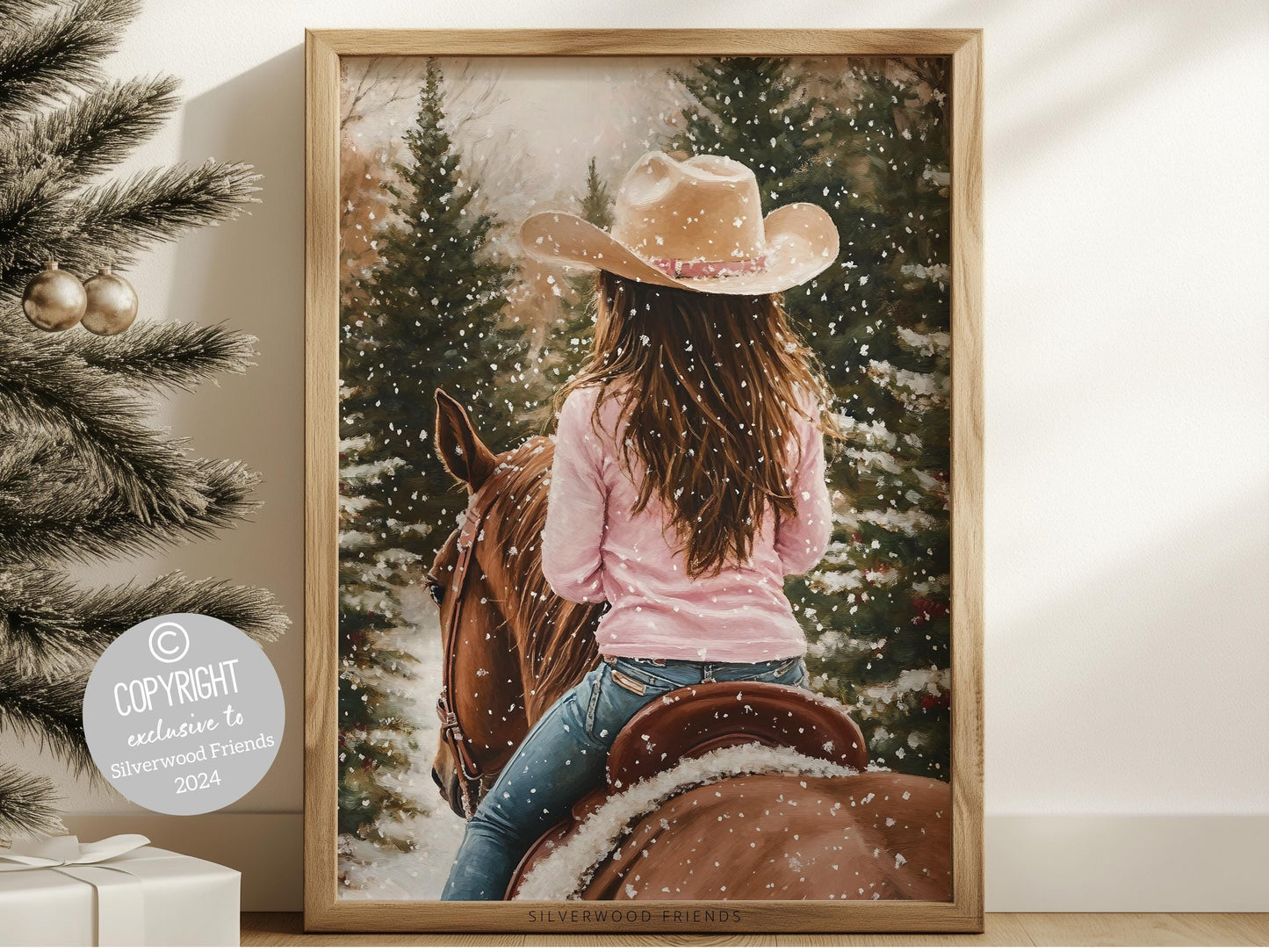 Cowgirl Horse Christmas Print, Baby Girl Western Cowgirl Horse Nursery Decor, Seasonal Decor, Holiday Art, Christmas Tree Farm Digital Print