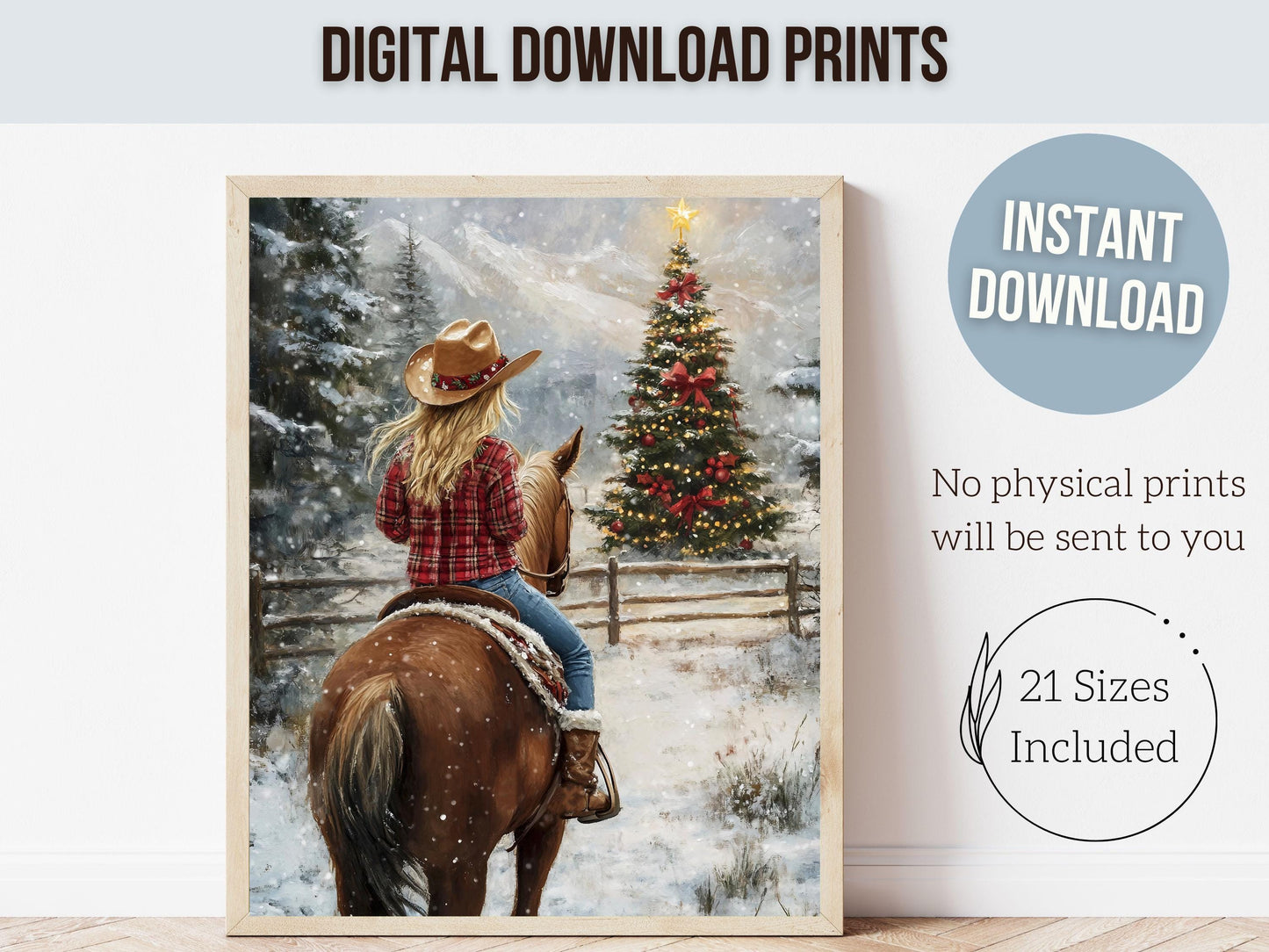 Cowgirl Horse Christmas Print, Baby Girl Western Cowgirl Horse Nursery Decor, Seasonal Decor, Holiday Art, Christmas Tree Farm Digital Print