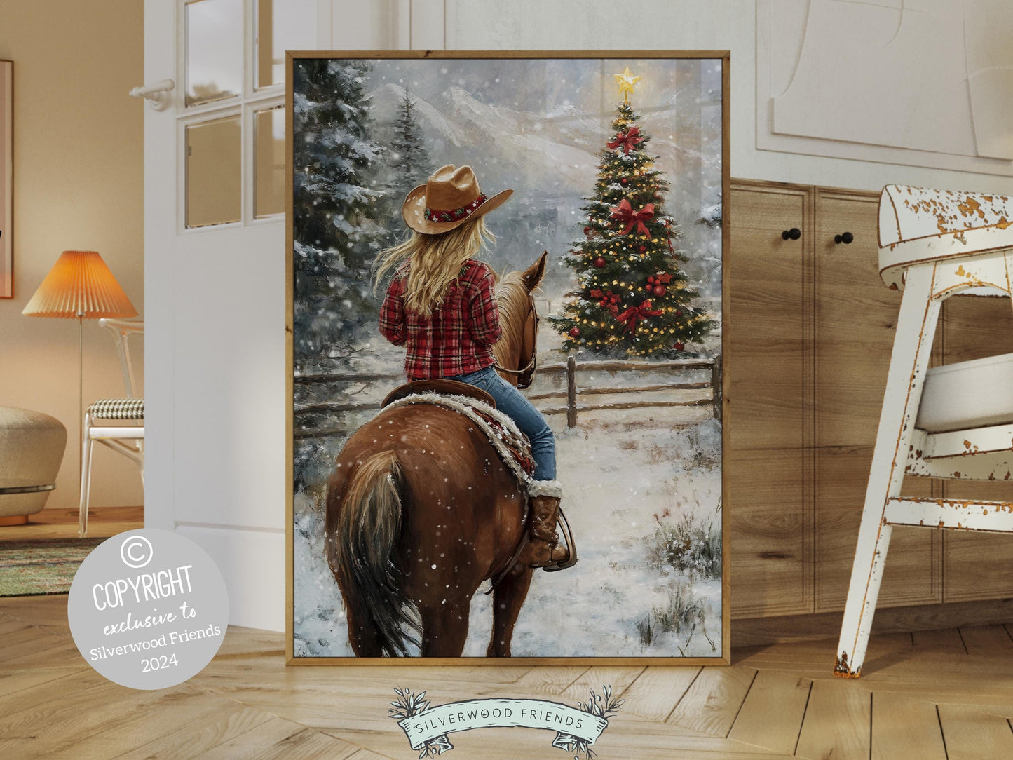 Cowgirl Horse Christmas Print, Baby Girl Western Cowgirl Horse Nursery Decor, Seasonal Decor, Holiday Art, Christmas Tree Farm Digital Print