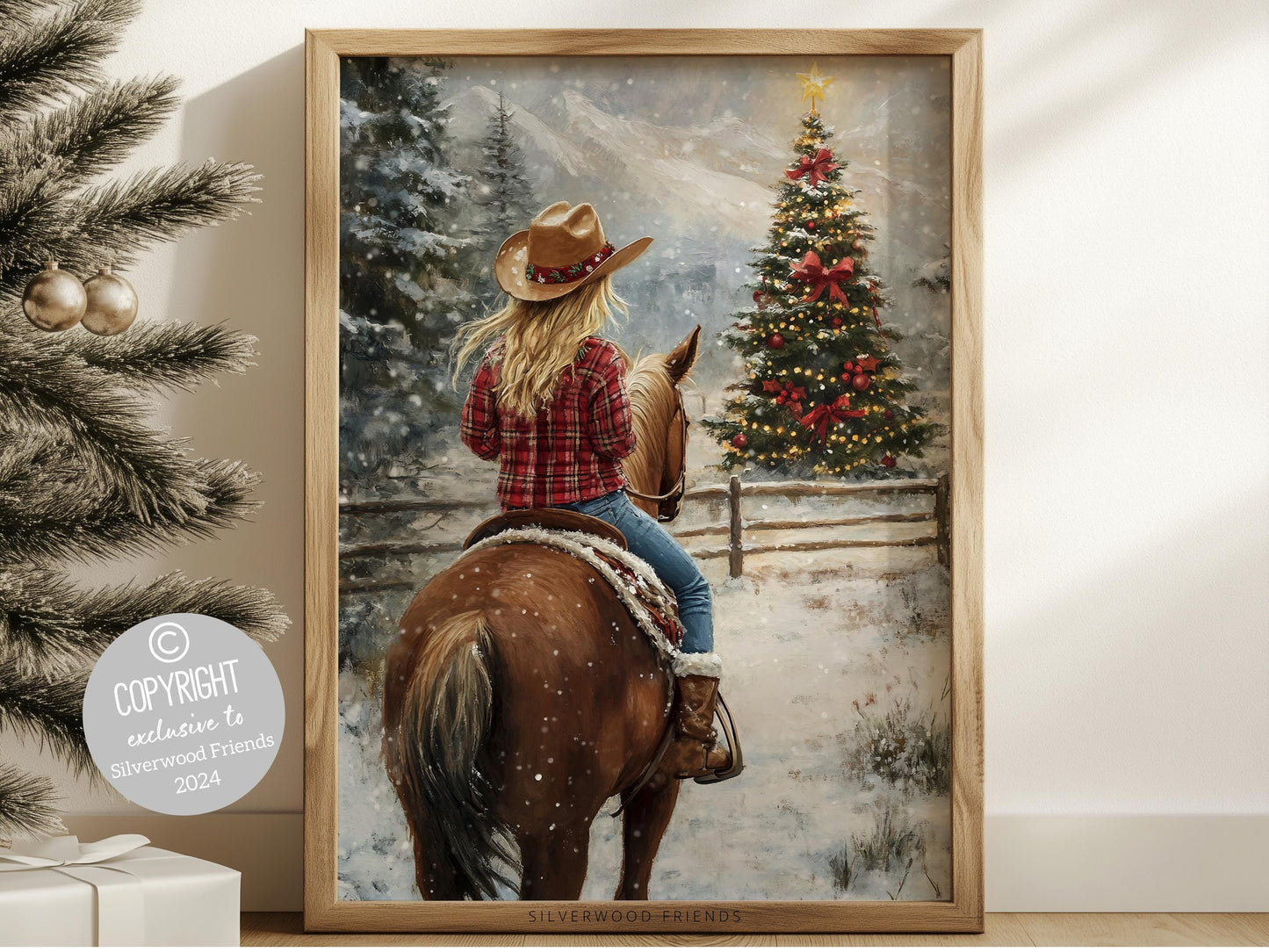 Cowgirl Horse Christmas Print, Baby Girl Western Cowgirl Horse Nursery Decor, Seasonal Decor, Holiday Art, Christmas Tree Farm Digital Print