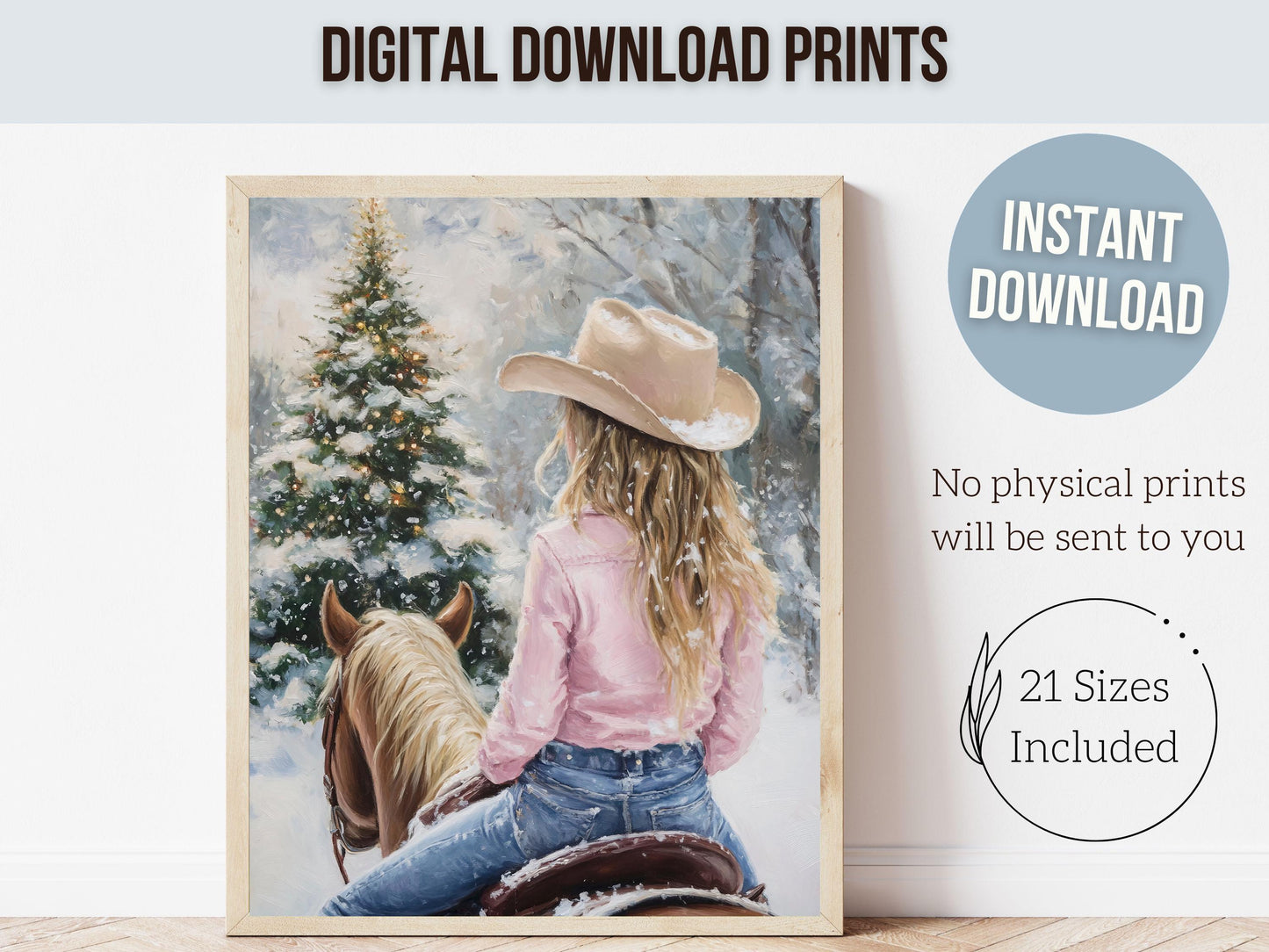 Cowgirl Horse Christmas Print, Baby Girl Western Cowgirl Horse Nursery Decor, Seasonal Decor, Holiday Art, Christmas Tree Snow Digital Print