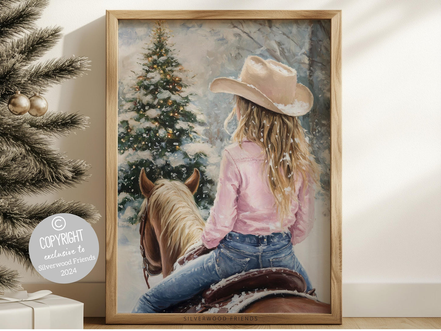 Cowgirl Horse Christmas Print, Baby Girl Western Cowgirl Horse Nursery Decor, Seasonal Decor, Holiday Art, Christmas Tree Snow Digital Print