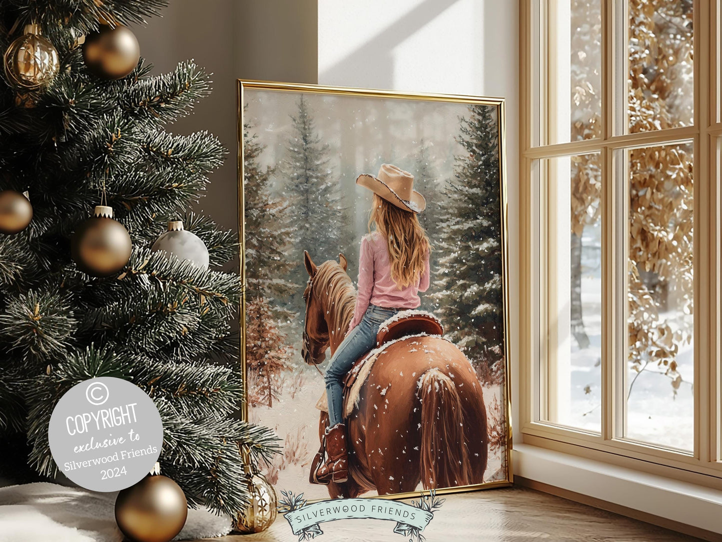 Cowgirl Horse Christmas Wall Art, Western Cowgirl Horse Nursery Wall Decor, Winter Forest Wall Decor, Christmas Cowgirl Horse Digital Print