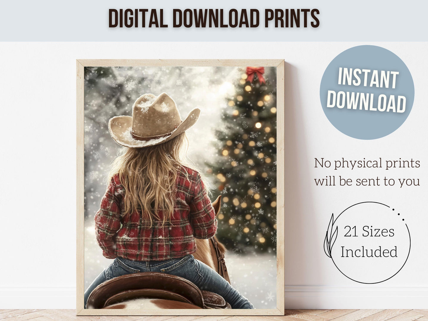 Cowgirl Horse Christmas Wall Art, Western Cowgirl Horse Nursery Wall Decor, Winter Forest Wall Decor, Christmas Cowgirl Horse Digital Print