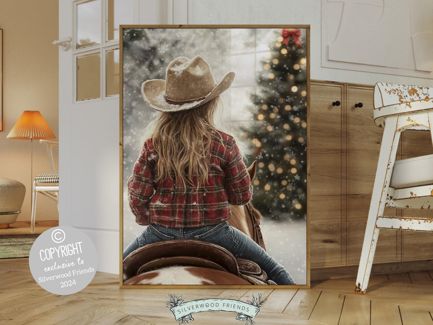 Cowgirl Horse Christmas Wall Art, Western Cowgirl Horse Nursery Wall Decor, Winter Forest Wall Decor, Christmas Cowgirl Horse Digital Print