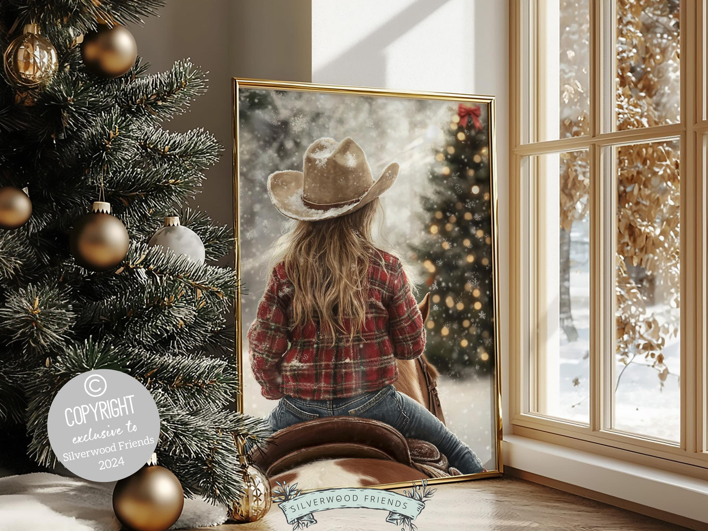 Cowgirl Horse Christmas Wall Art, Western Cowgirl Horse Nursery Wall Decor, Winter Forest Wall Decor, Christmas Cowgirl Horse Digital Print