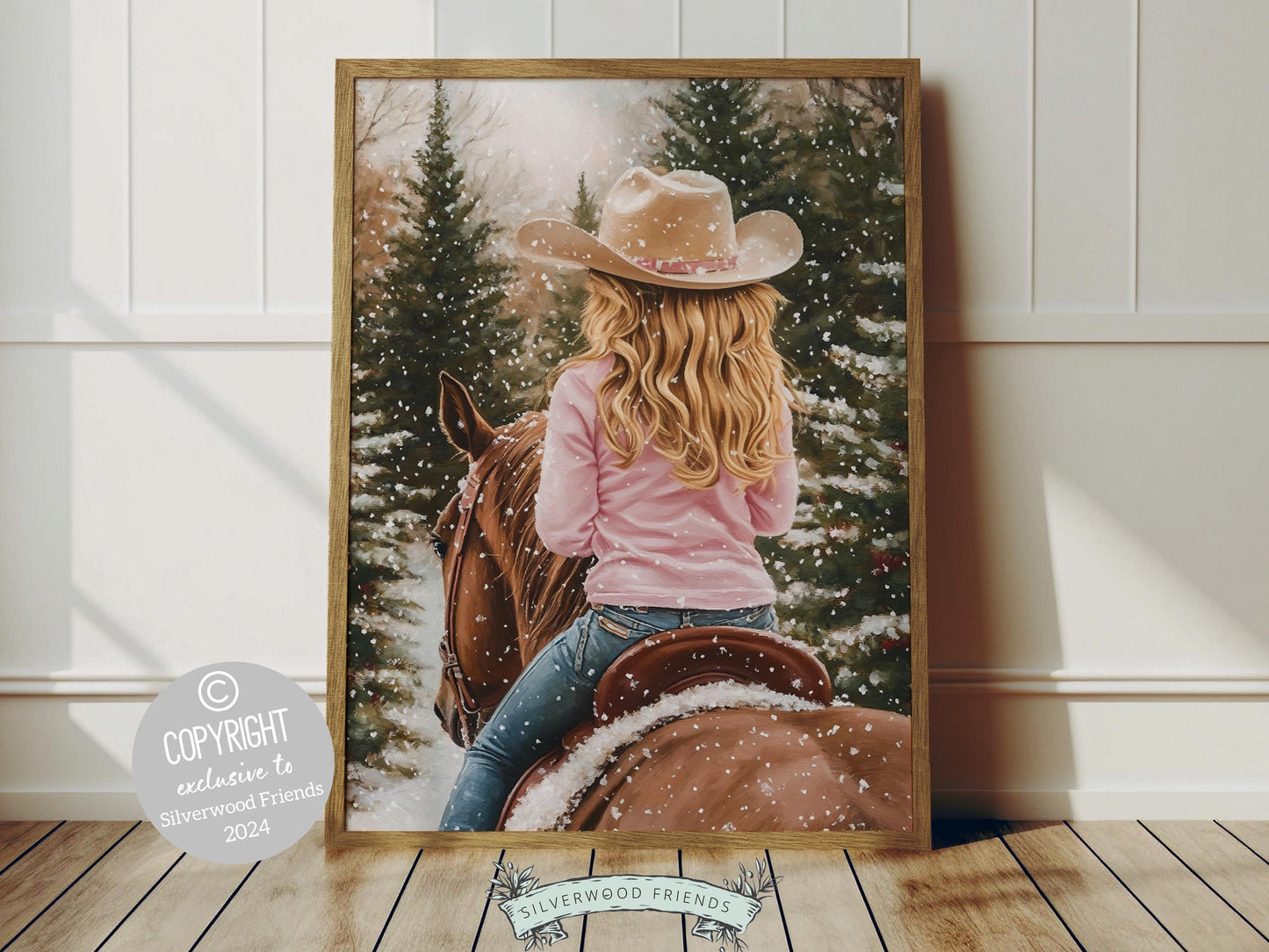 Infuse your home with the cozy charm of the West with this enchanting cowgirl Christmas print, featuring a cowgirl riding her horse through the snow—the perfect decor for any room and a heartfelt gift for horse lovers!