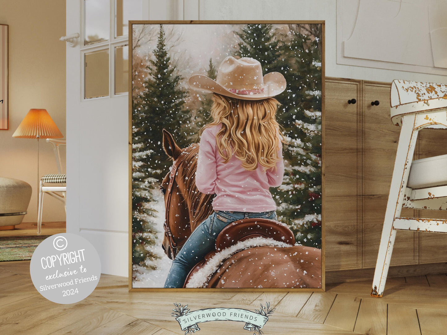 Cowgirl Horse Christmas Wall Art, Western Cowgirl Horse Nursery Wall Decor, Winter Forest Wall Decor, Christmas Cowgirl Horse Digital Print