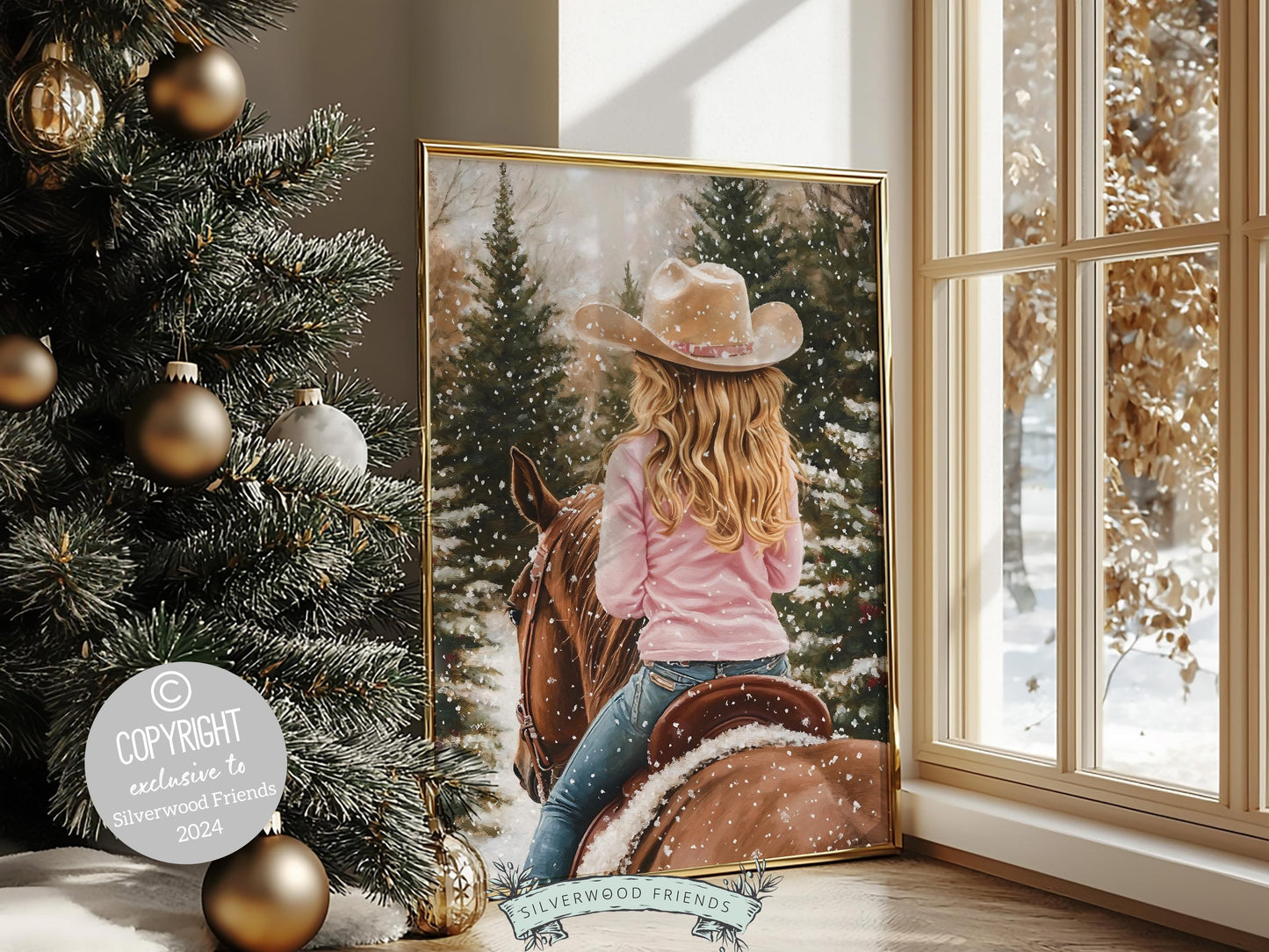 Cowgirl Horse Christmas Wall Art, Western Cowgirl Horse Nursery Wall Decor, Winter Forest Wall Decor, Christmas Cowgirl Horse Digital Print