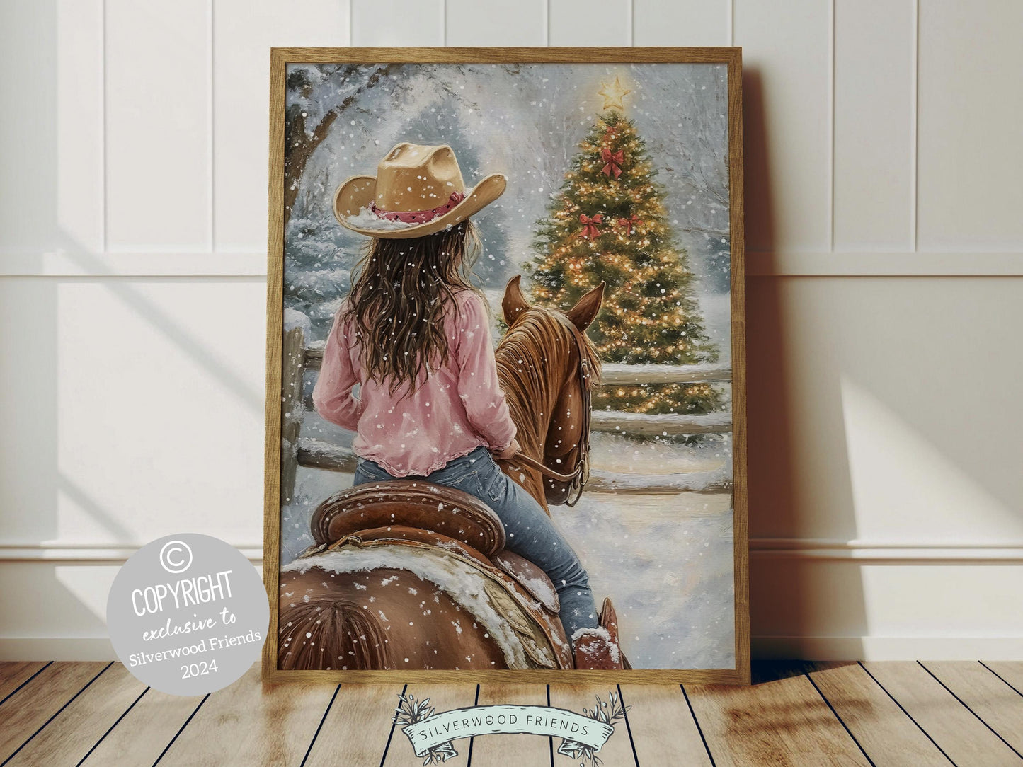 Infuse your home with the cozy charm of the West with this enchanting cowgirl Christmas print, featuring a cowgirl riding her horse through the snow—the perfect decor for any room and a heartfelt gift for horse lovers!