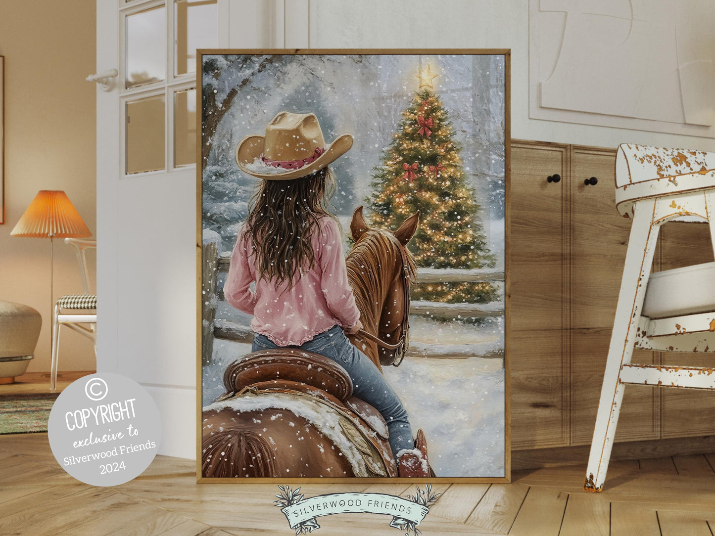 Cowgirl Horse Christmas Wall Art, Western Cowgirl Horse Bedroom Wall Decor, Winter Forest Wall Decor, Christmas Cowgirl Horse Digital Print