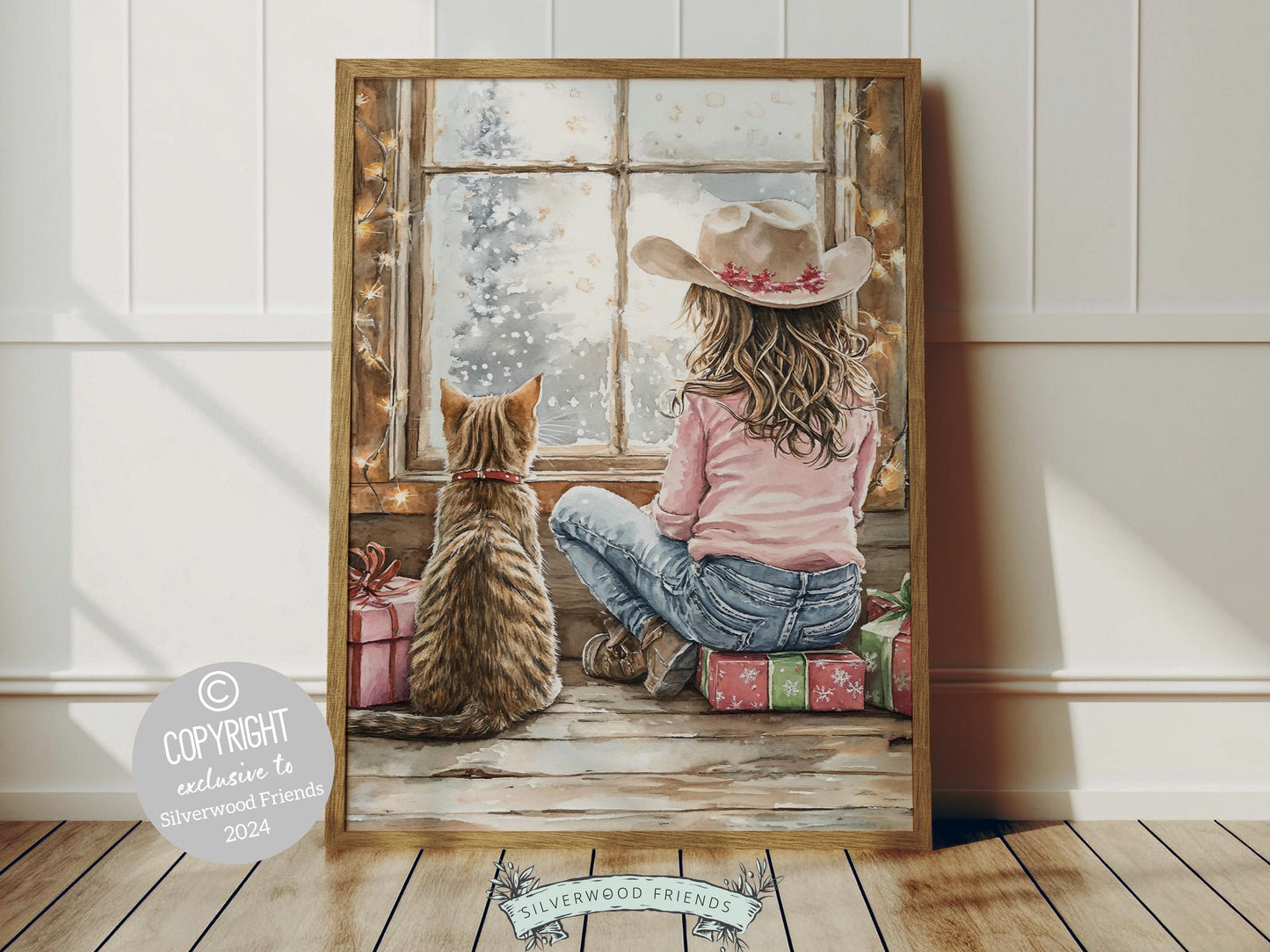 Add a touch of Western magic to your home with this whimsical cowgirl Christmas print, featuring a festive cowgirl and her curious cat by a stack of Christmas gifts, dreaming by the window as snowflakes dance outside