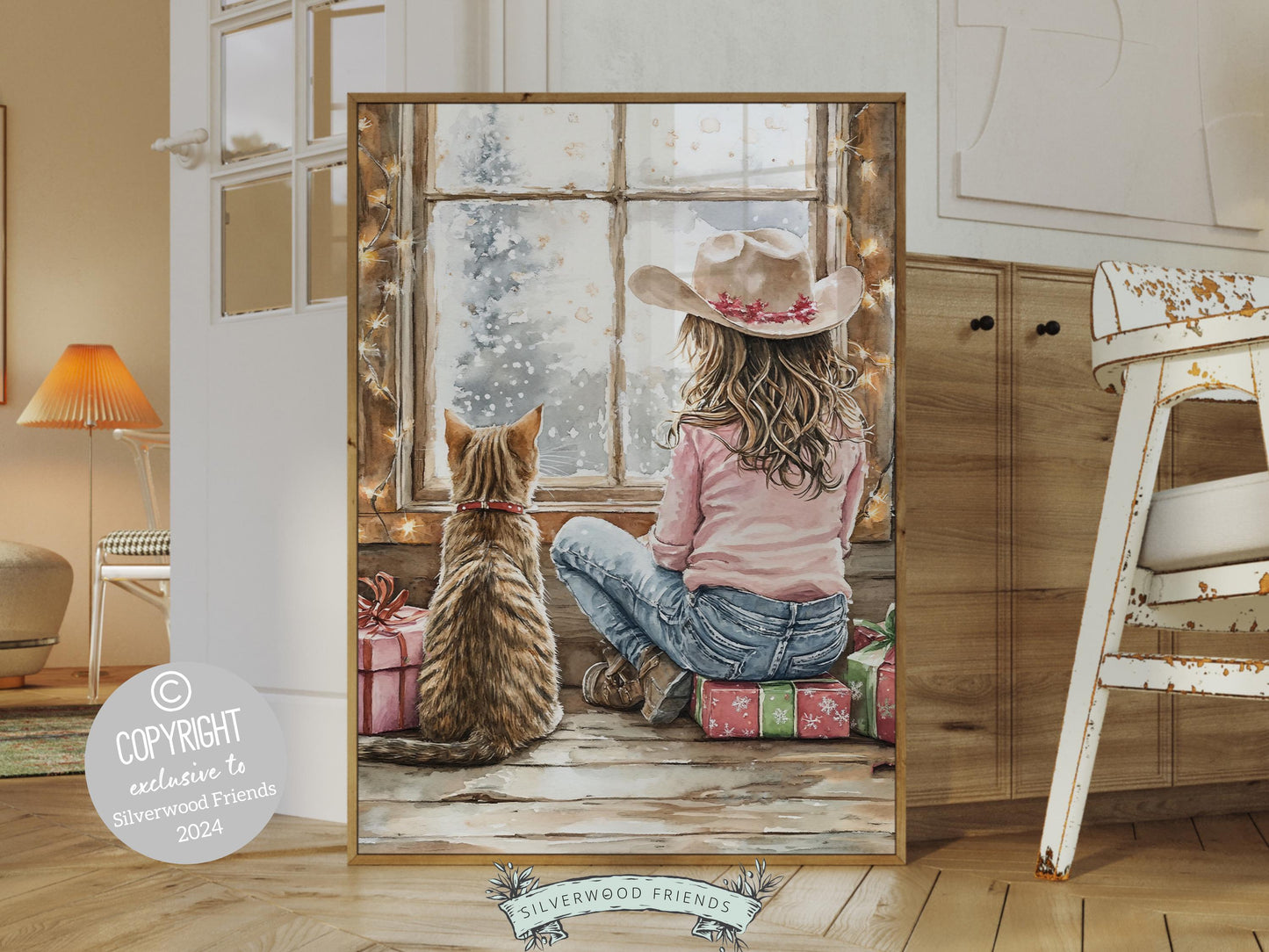 Christmas Wall Art, Cowgirl Cat Print, Baby Girl Western Christmas Nursery Decor, Rustic Seasonal Home Decor, Cat Lovers Gift Digital Print