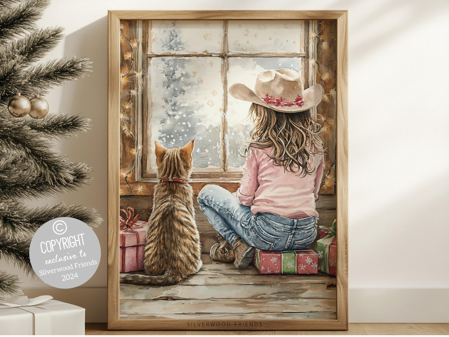 Christmas Wall Art, Cowgirl Cat Print, Baby Girl Western Christmas Nursery Decor, Rustic Seasonal Home Decor, Cat Lovers Gift Digital Print