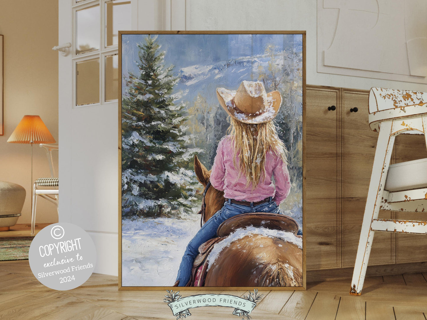 Horse Riding Christmas Wall Art, Western Cowgirl Horse Nursery Decor, Farmhouse Cozy Christmas Decor, Western Holiday Wall Art Digital Print
