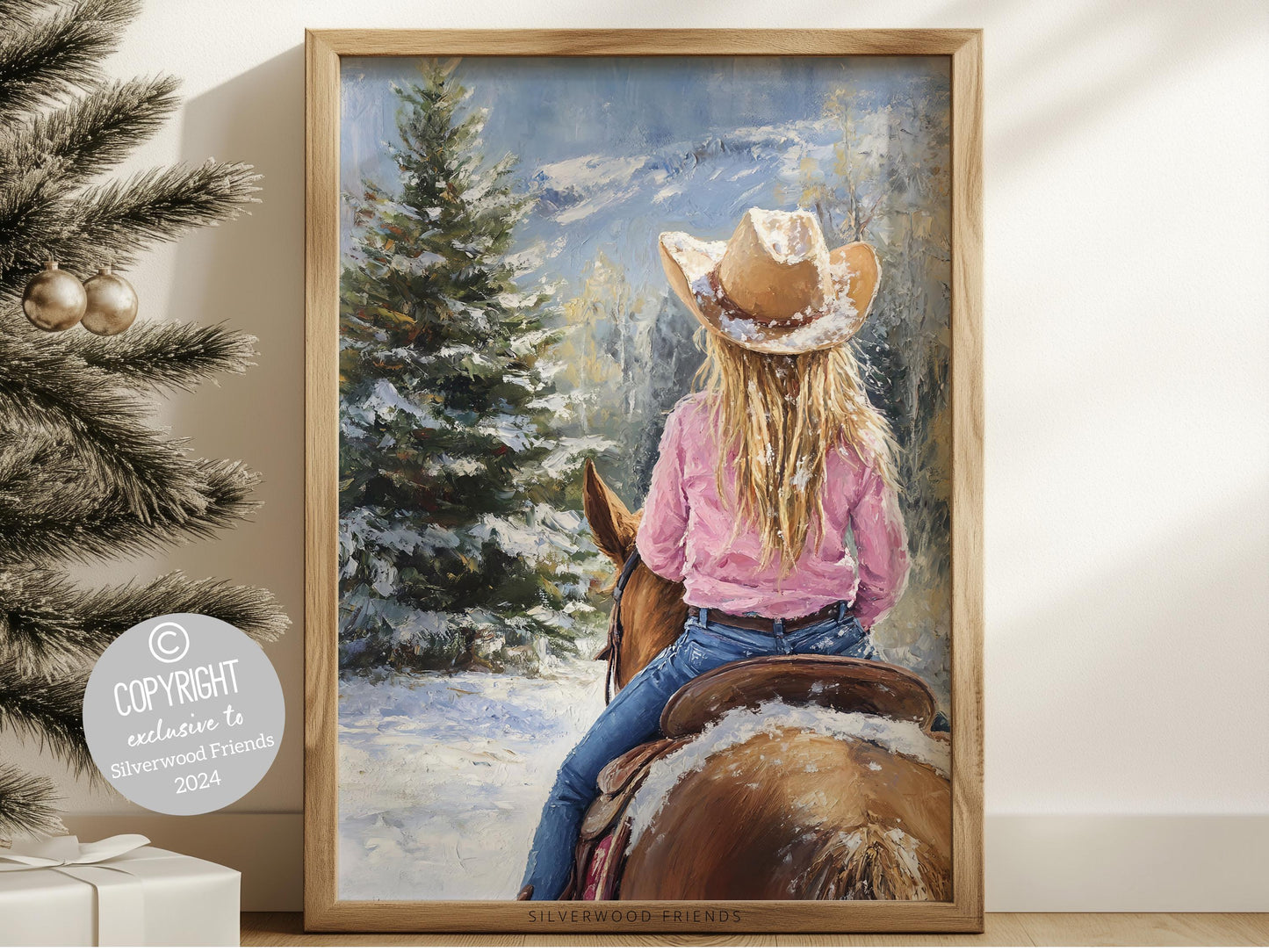 Horse Riding Christmas Wall Art, Western Cowgirl Horse Nursery Decor, Farmhouse Cozy Christmas Decor, Western Holiday Wall Art Digital Print