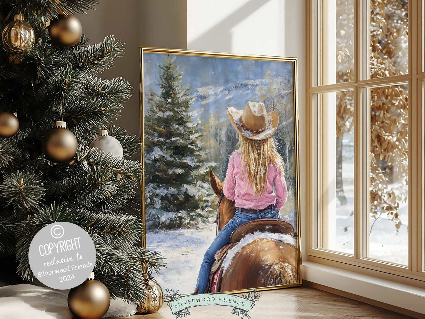 Horse Riding Christmas Wall Art, Western Cowgirl Horse Nursery Decor, Farmhouse Cozy Christmas Decor, Western Holiday Wall Art Digital Print