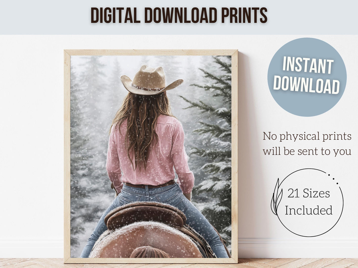 Cowgirl Horse Christmas Wall Art, Western Cowgirl Horse Nursery Decor, Rustic Farmhouse Holiday Decor, Winter Mountain Forest Digital Print