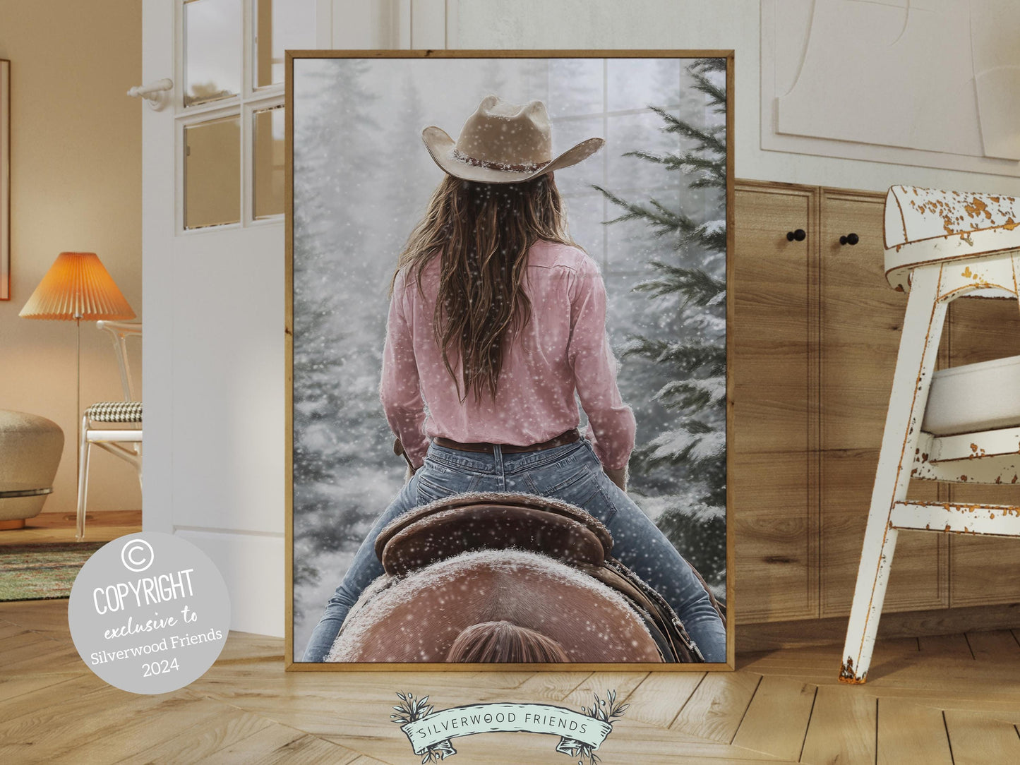 Cowgirl Horse Christmas Wall Art, Western Cowgirl Horse Nursery Decor, Rustic Farmhouse Holiday Decor, Winter Mountain Forest Digital Print