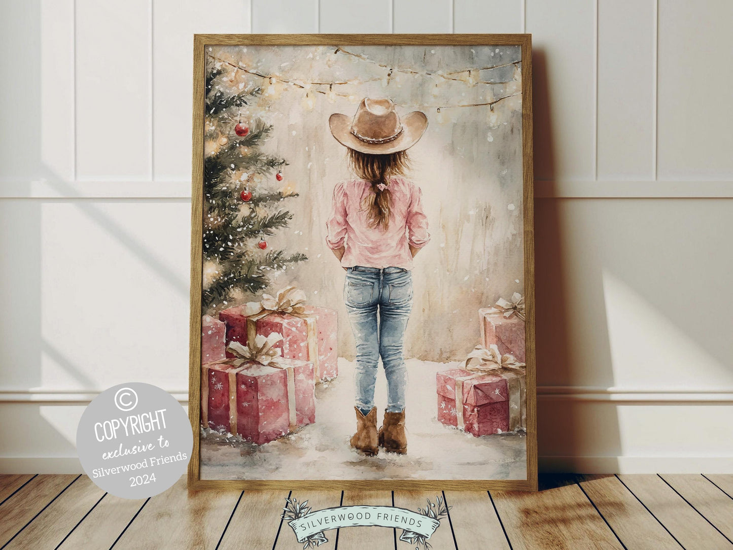 Bring timeless Western charm to your home with this cowgirl Christmas print, featuring a festive cowgirl, twinkling Christmas lights, and gifts —perfect holiday decor for any room!