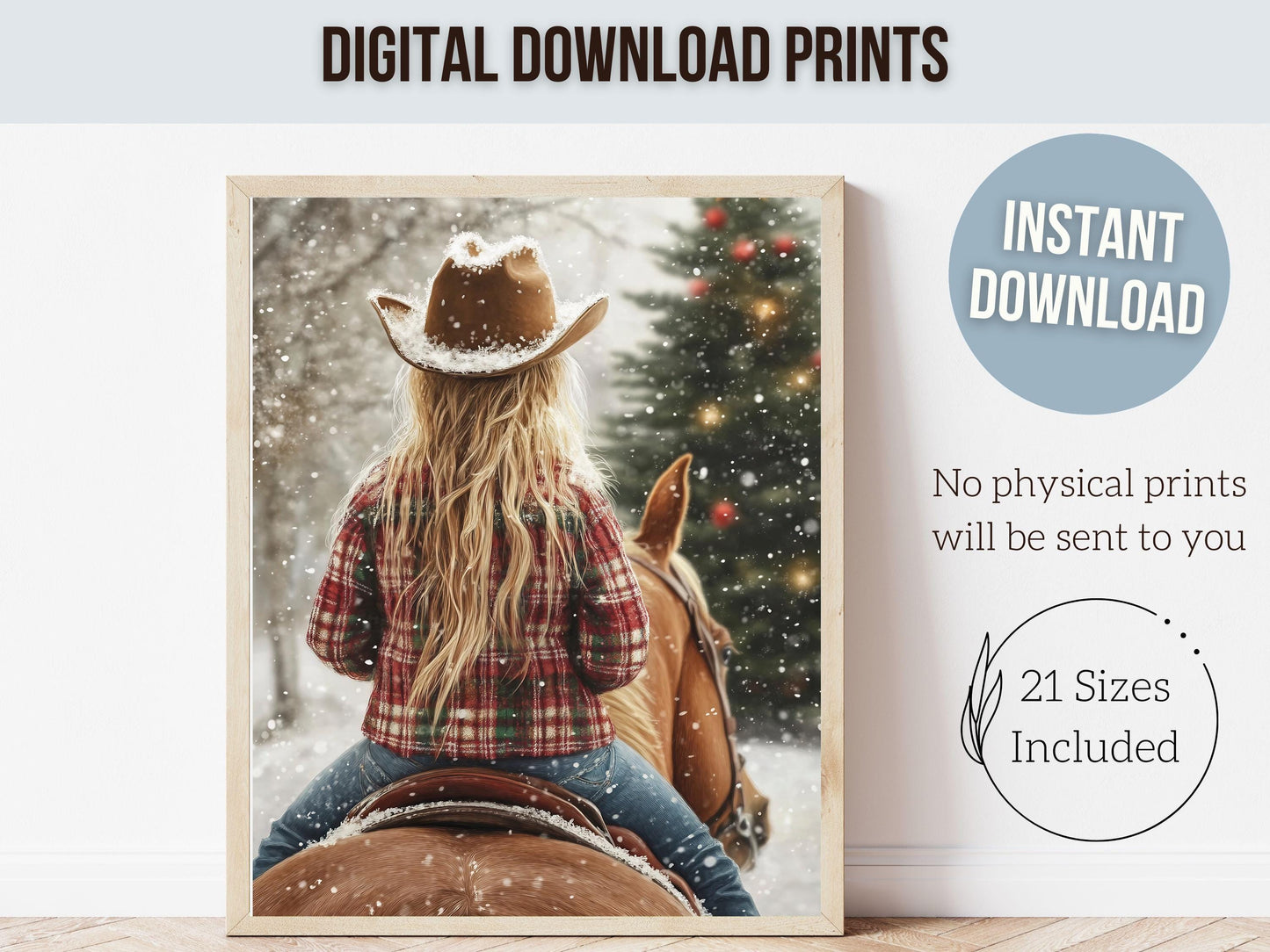 Cowgirl Horse Christmas Wall Art, Western Cowgirl Horse Nursery Wall Decor, Winter Forest Wall Decor, Christmas Cowgirl Horse Digital Print