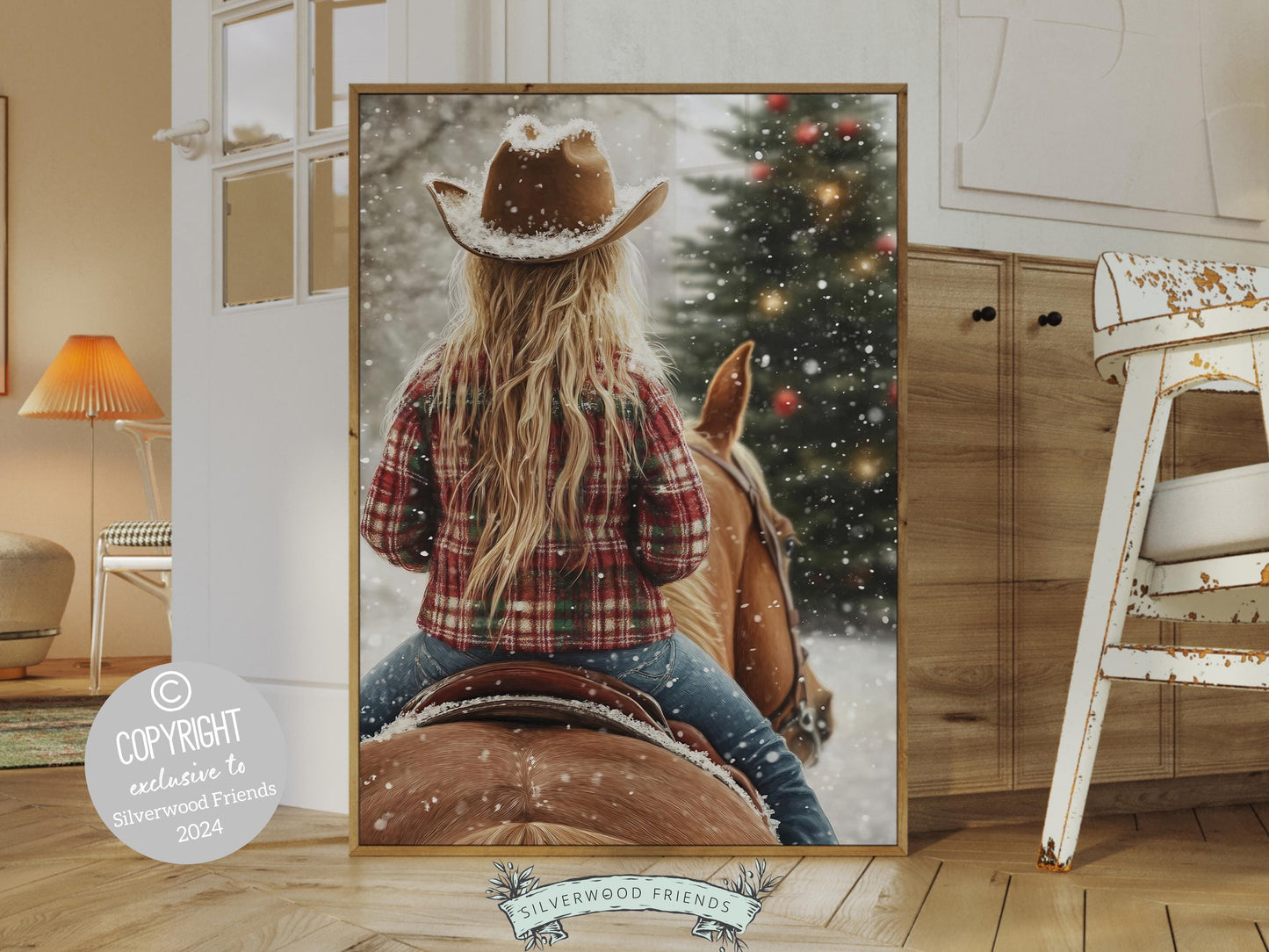 Cowgirl Horse Christmas Wall Art, Western Cowgirl Horse Nursery Wall Decor, Winter Forest Wall Decor, Christmas Cowgirl Horse Digital Print