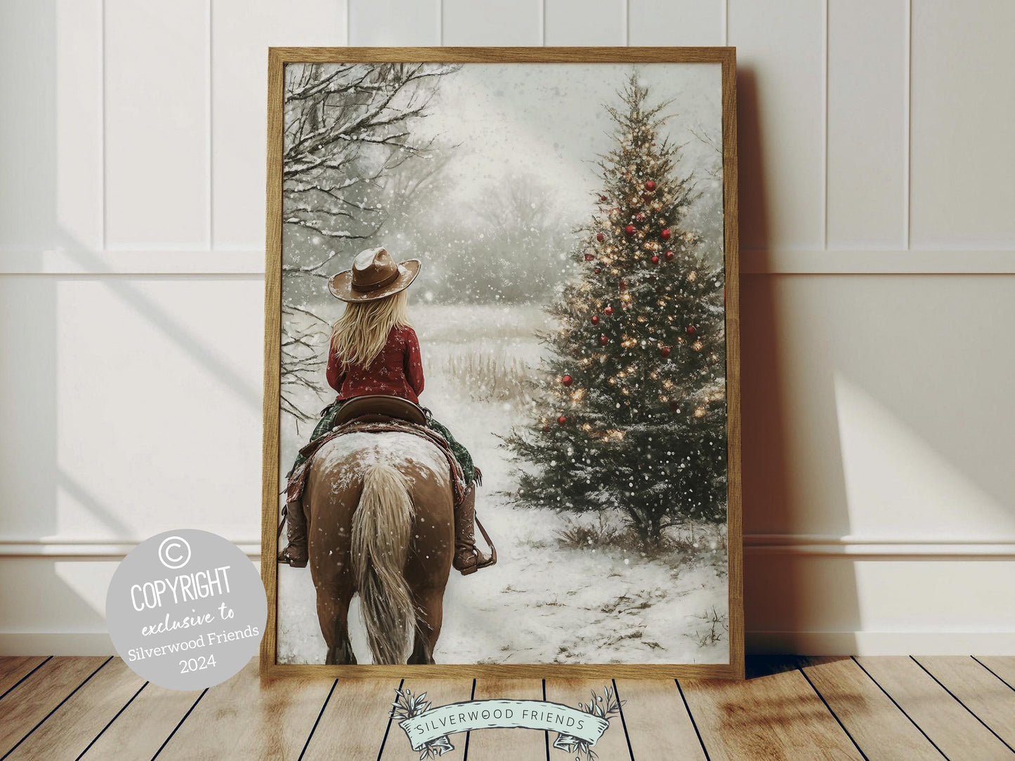 Infuse your home with the cozy charm of the West with this enchanting cowgirl print, featuring a cowgirl riding her horse through the snow—the perfect decor for any room and a heartfelt gift for horse lovers!